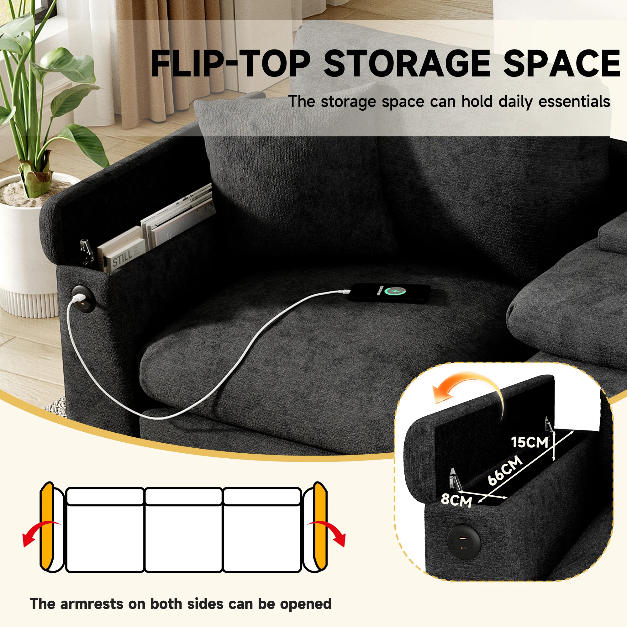 Three-Seater Sofa Multifunctional Folding Table USB Storage - Chenille - Image 8