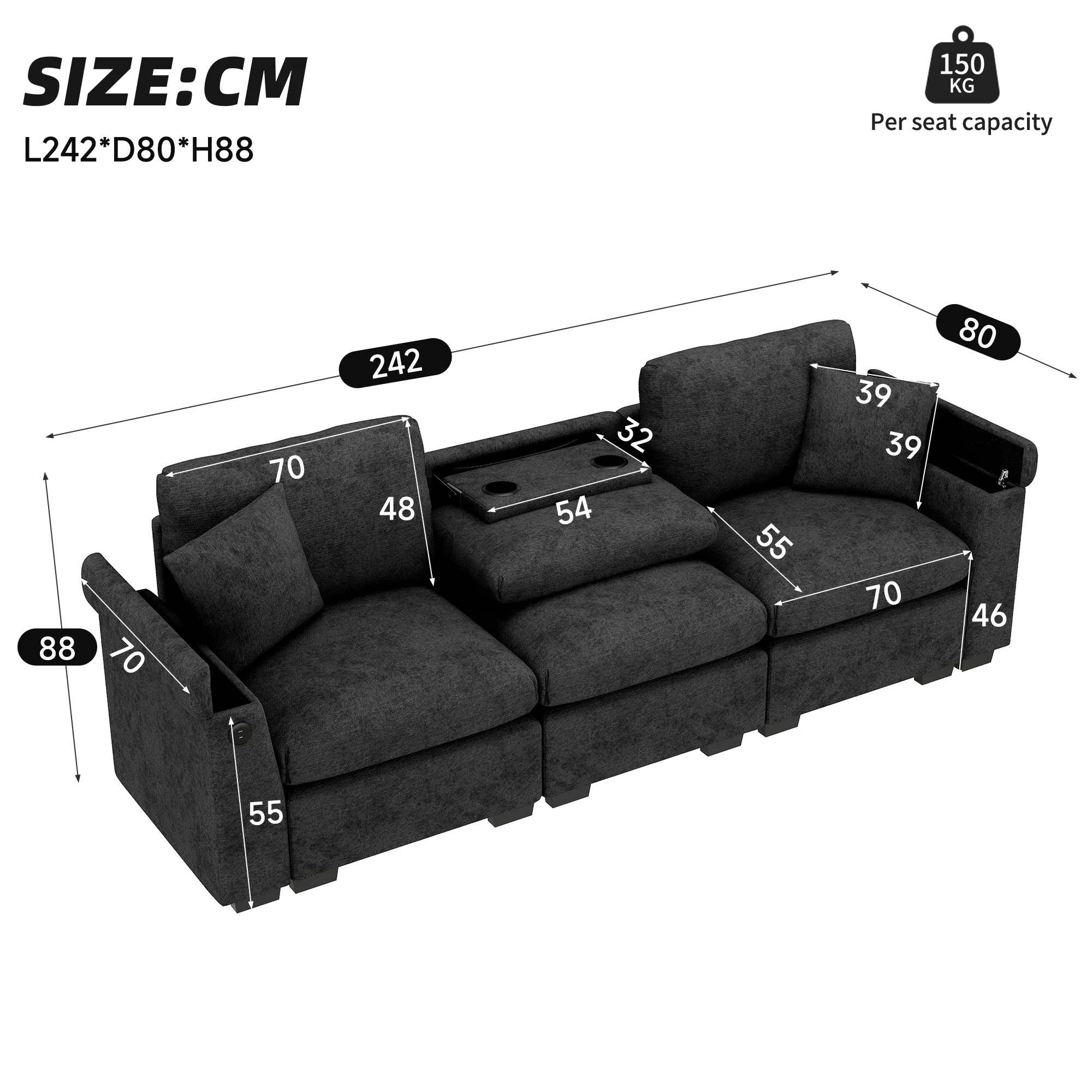 Three-Seater Sofa Multifunctional Folding Table USB Storage - Chenille - Image 9