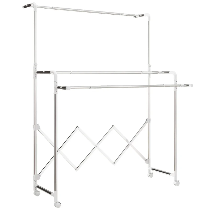 Tower Clothes Drying Rack Foldable 3 Adjustable Rods Wheels - Stainless Steel - Image 2