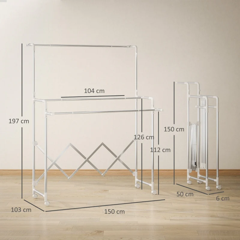 Tower Clothes Drying Rack Foldable 3 Adjustable Rods Wheels - Stainless Steel - Image 3