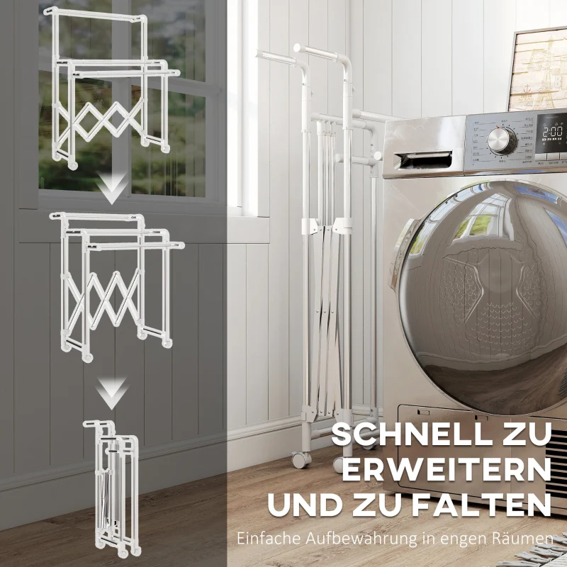 Tower Clothes Drying Rack Foldable 3 Adjustable Rods Wheels - Stainless Steel - Image 4