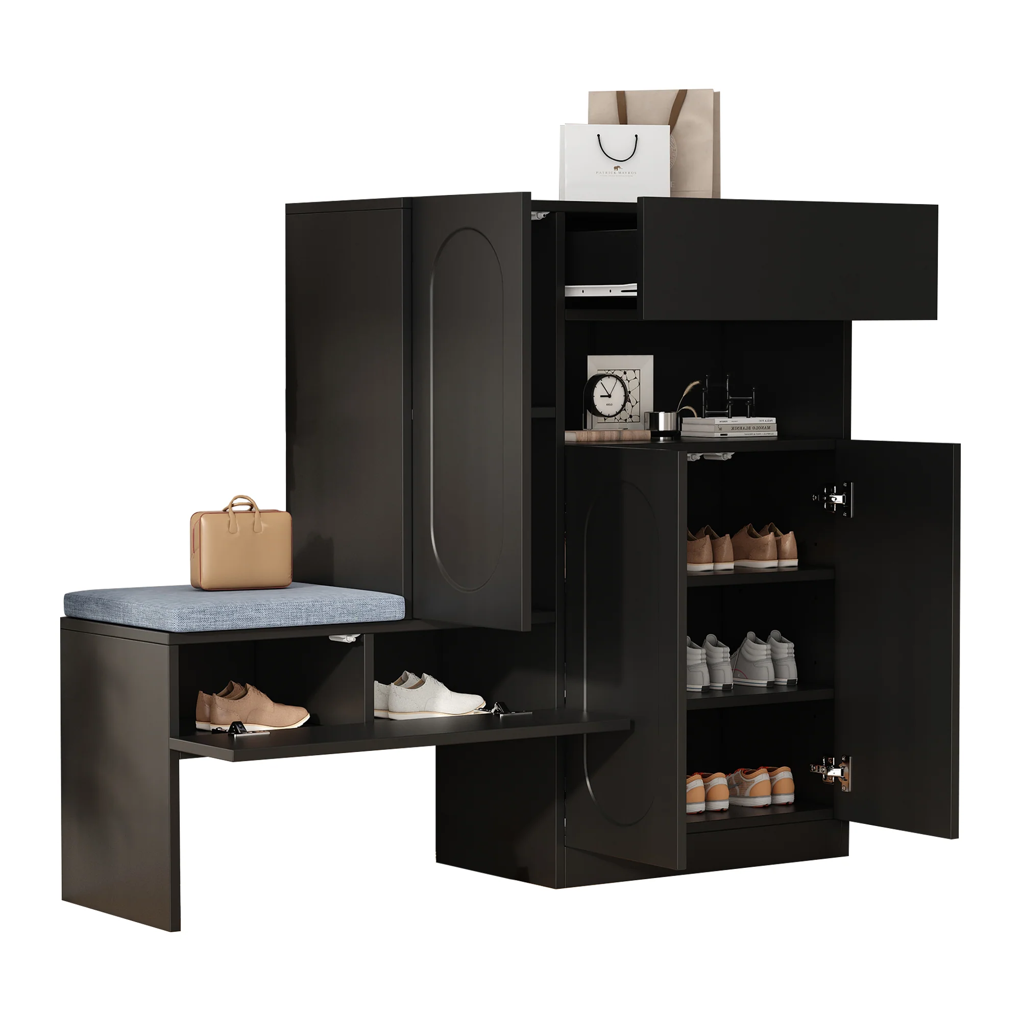 Trendy 2-in-1 Shoe Cabinet with Curved Doors, Soft-Close, Adjustable, Upholstered Bench, Black - Image 10