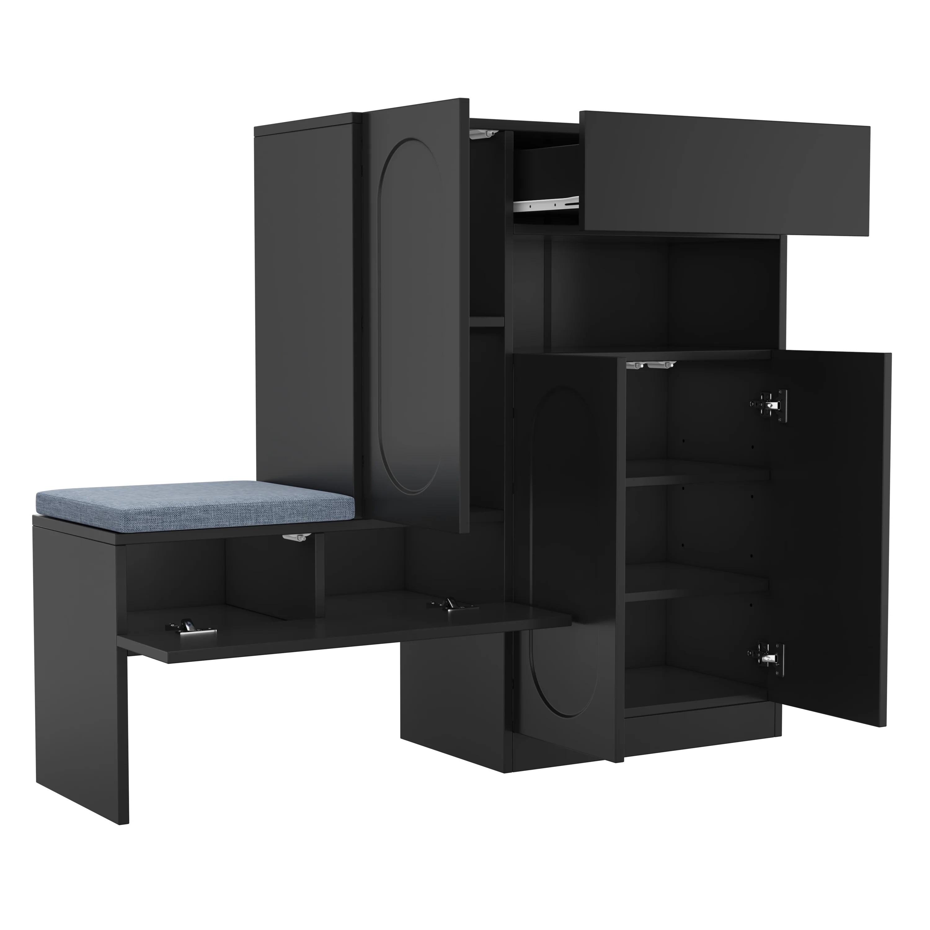 Trendy 2-in-1 Shoe Cabinet with Curved Doors, Soft-Close, Adjustable, Upholstered Bench, Black - Image 12