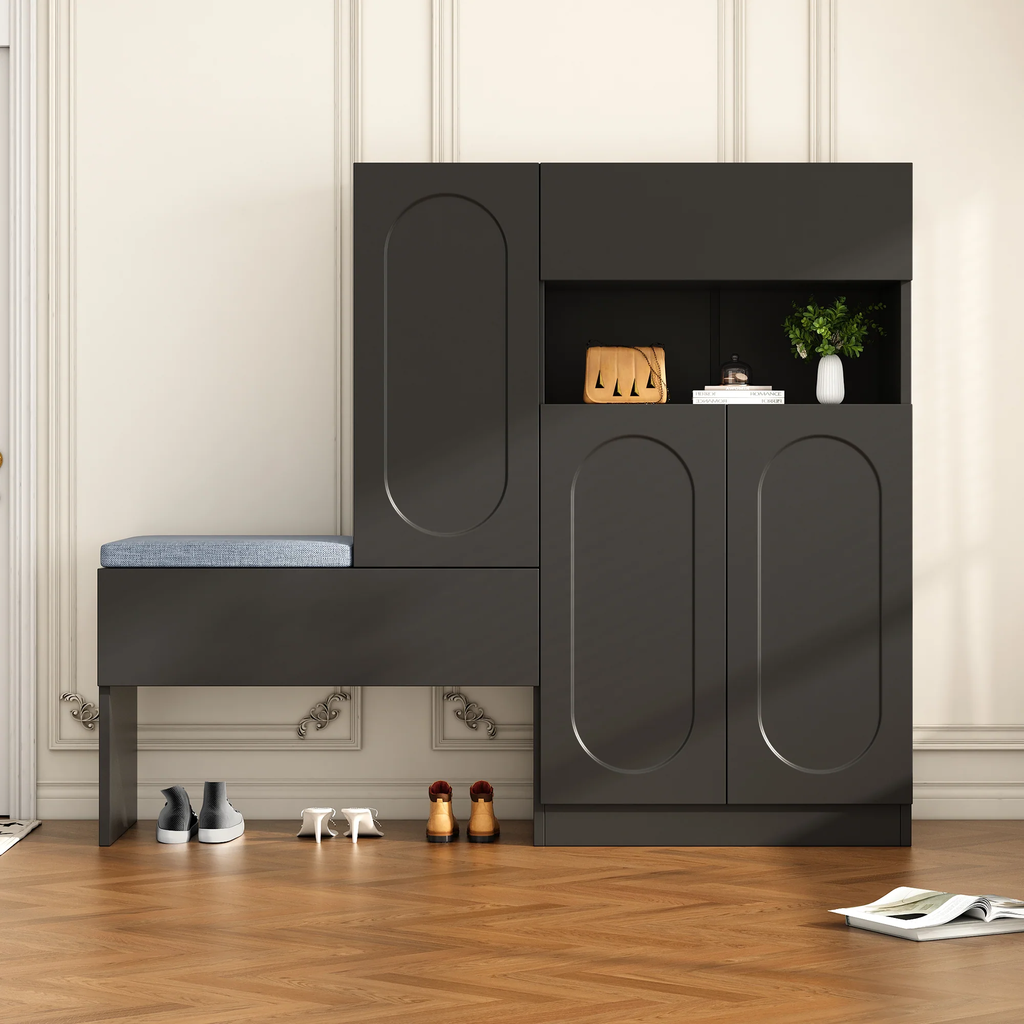 Trendy 2-in-1 Shoe Cabinet with Curved Doors, Soft-Close, Adjustable, Upholstered Bench, Black - Image 2