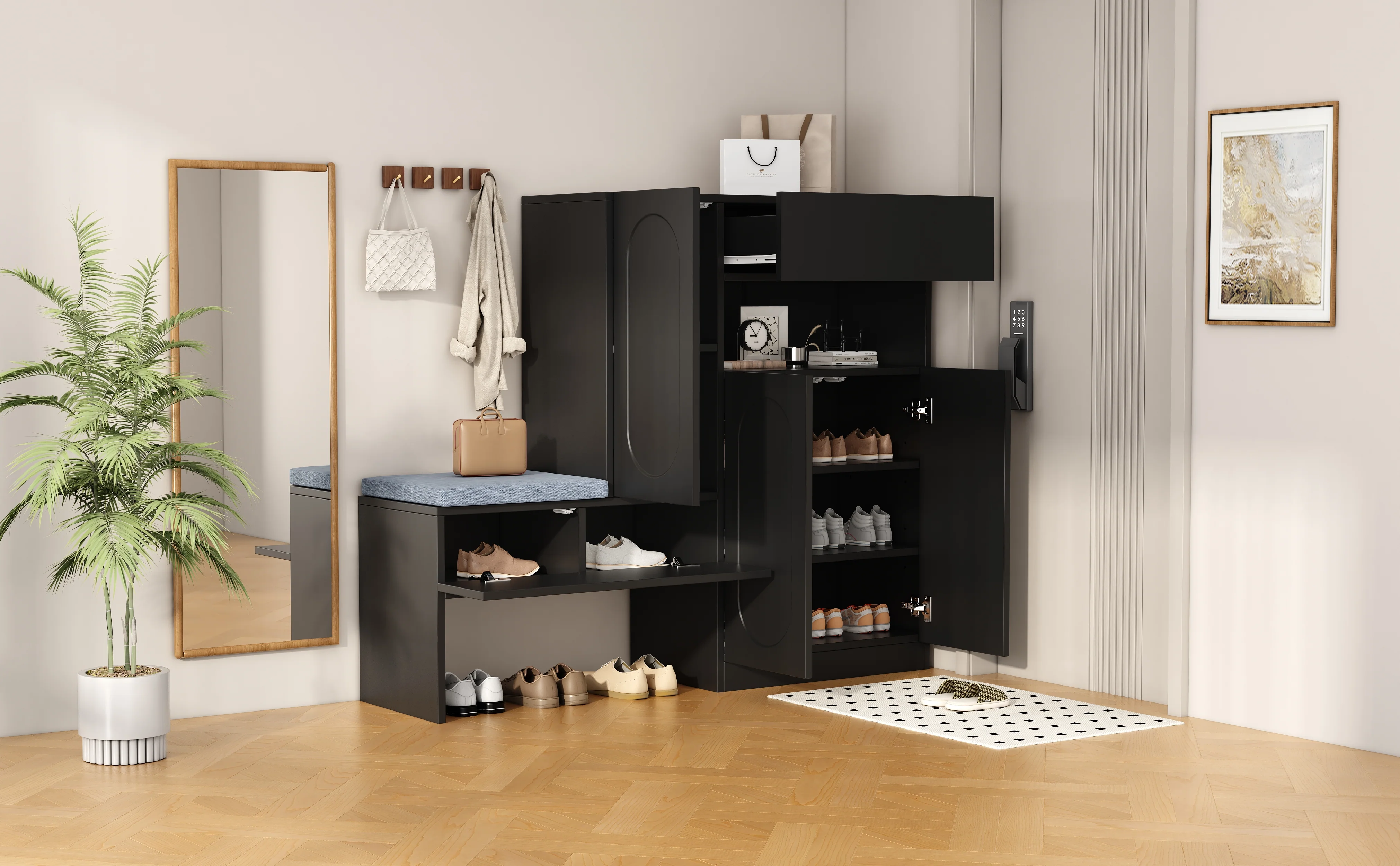 Trendy 2-in-1 Shoe Cabinet with Curved Doors, Soft-Close, Adjustable, Upholstered Bench, Black - Image 6