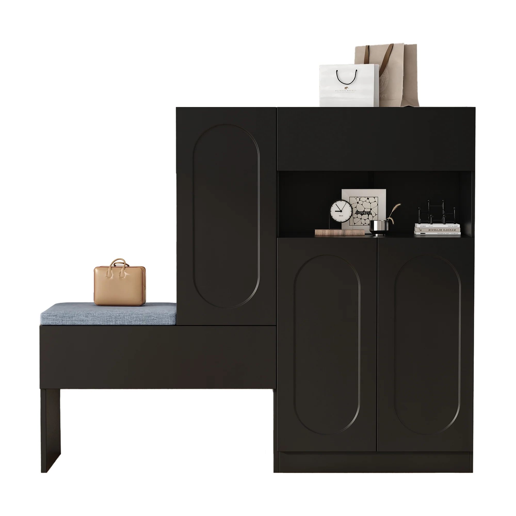 Trendy 2-in-1 Shoe Cabinet with Curved Doors, Soft-Close, Adjustable, Upholstered Bench, Black - Image 8