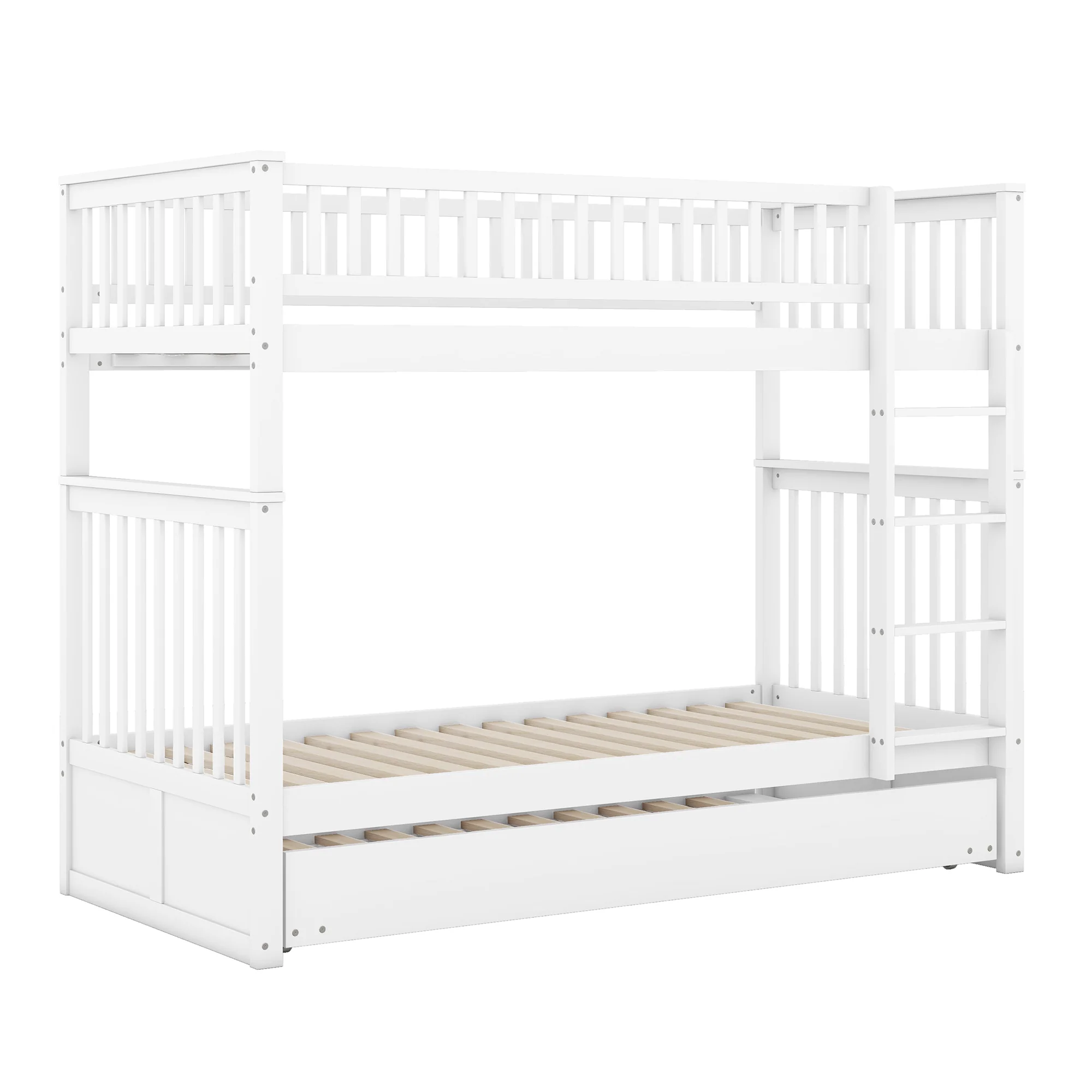 Triple Bunk Bed 90x200cm with Pull-Out Bed High Railings Sturdy Staircase White - Image 10