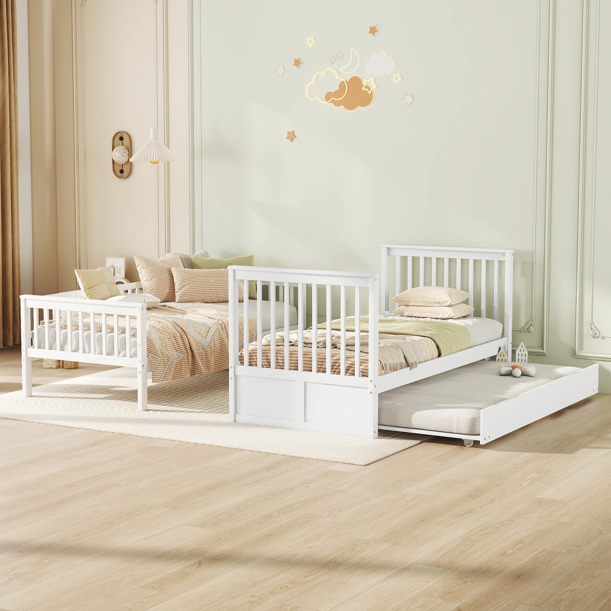 Triple Bunk Bed 90x200cm with Pull-Out Bed High Railings Sturdy Staircase White - Image 2
