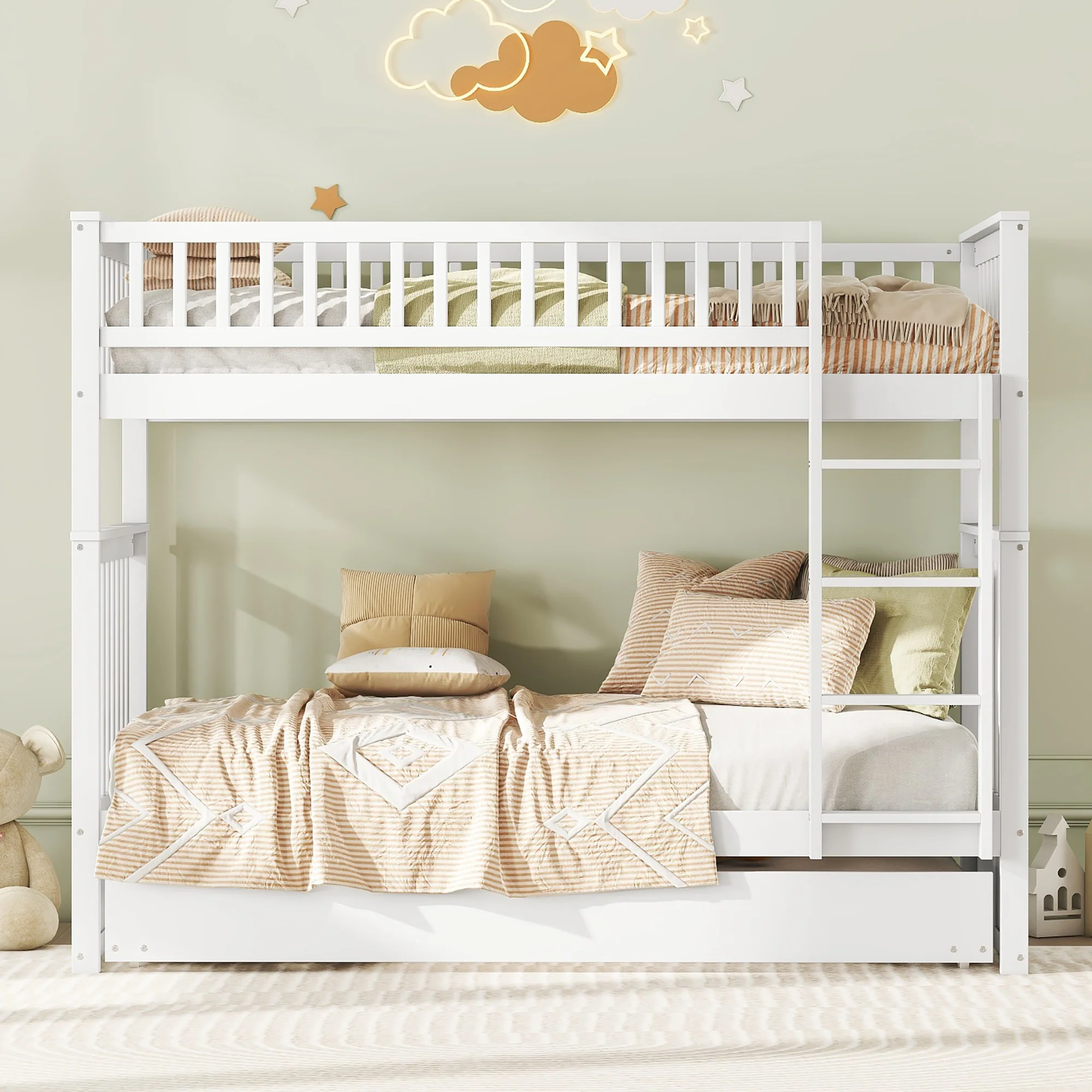 Triple Bunk Bed 90x200cm with Pull-Out Bed High Railings Sturdy Staircase White - Image 3