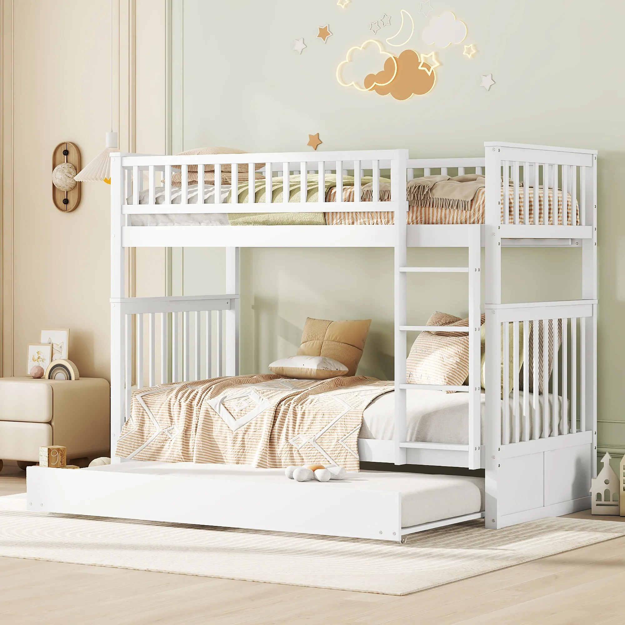 Triple Bunk Bed 90x200cm with Pull-Out Bed High Railings Sturdy Staircase White - Image 4