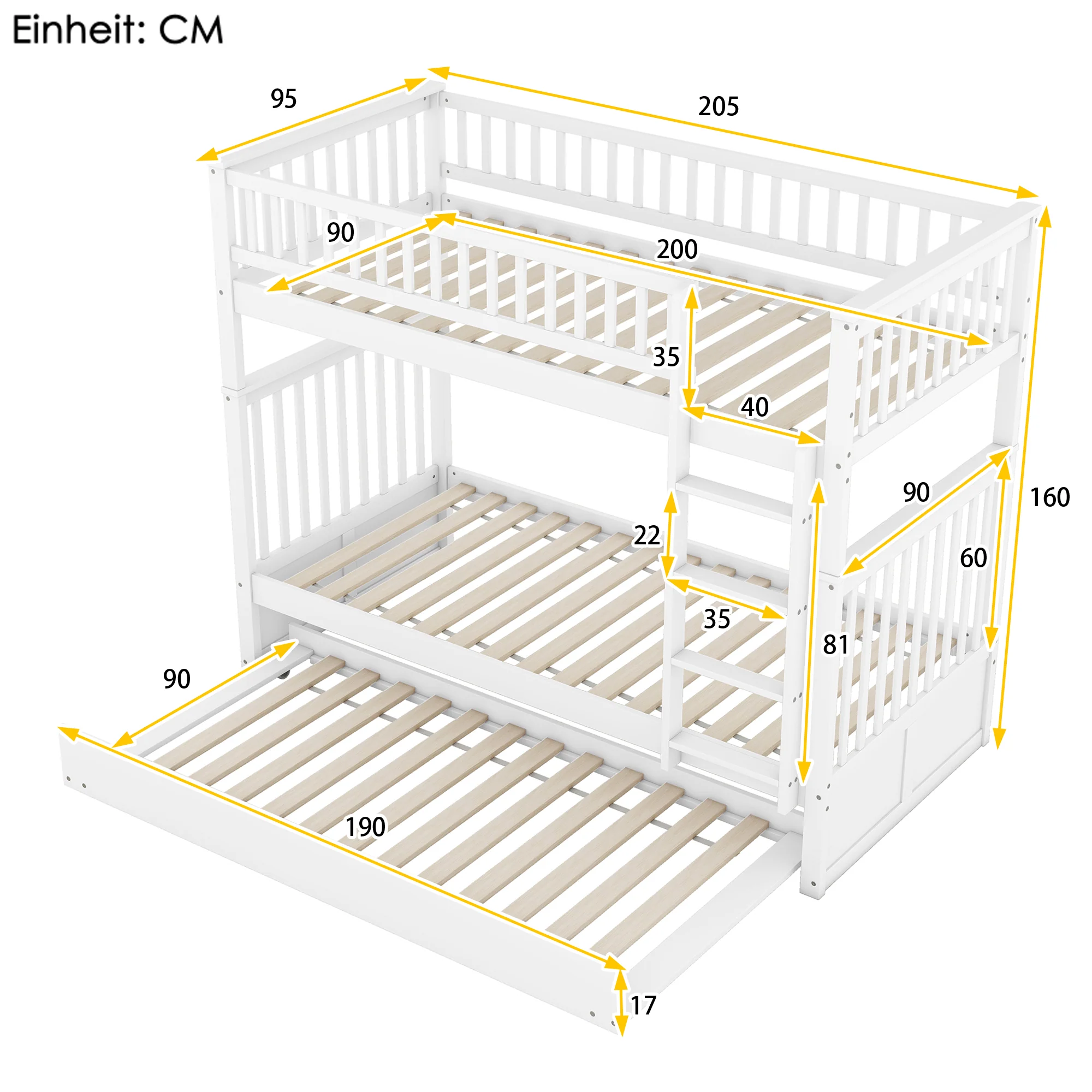 Triple Bunk Bed 90x200cm with Pull-Out Bed High Railings Sturdy Staircase White - Image 5