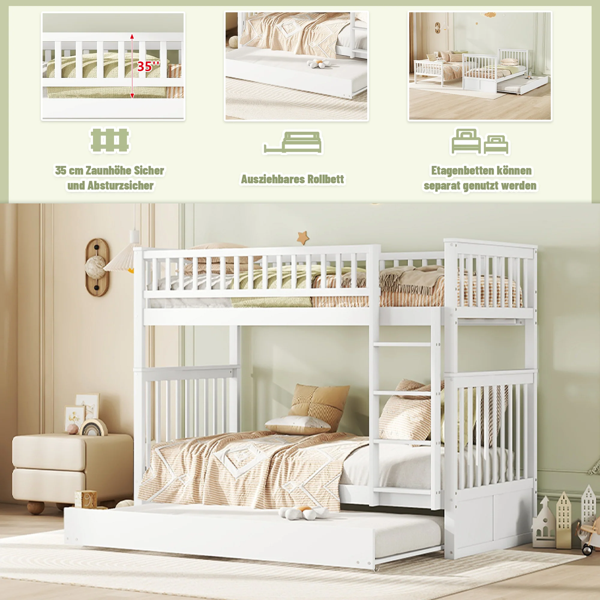 Triple Bunk Bed 90x200cm with Pull-Out Bed High Railings Sturdy Staircase White - Image 6