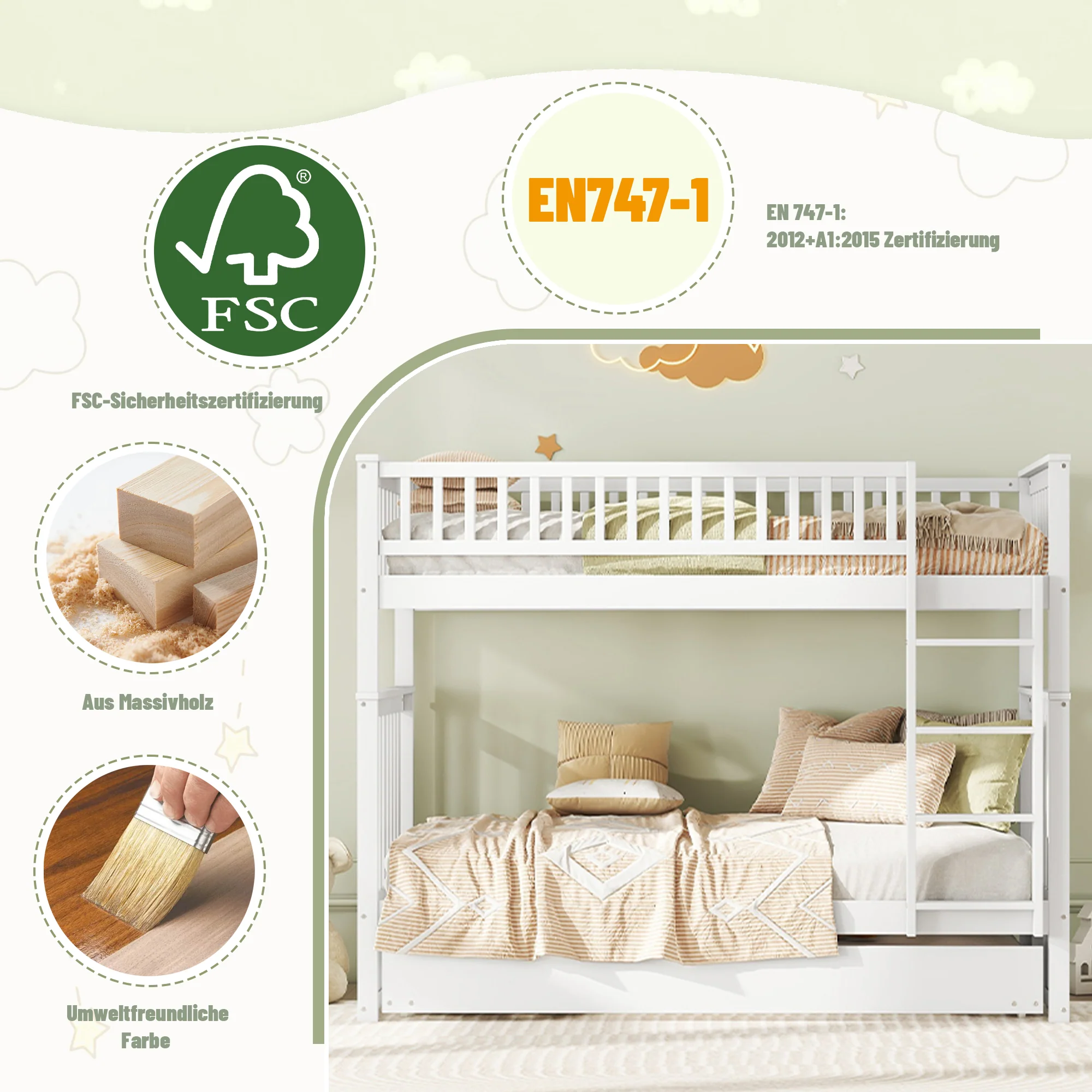 Triple Bunk Bed 90x200cm with Pull-Out Bed High Railings Sturdy Staircase White - Image 7