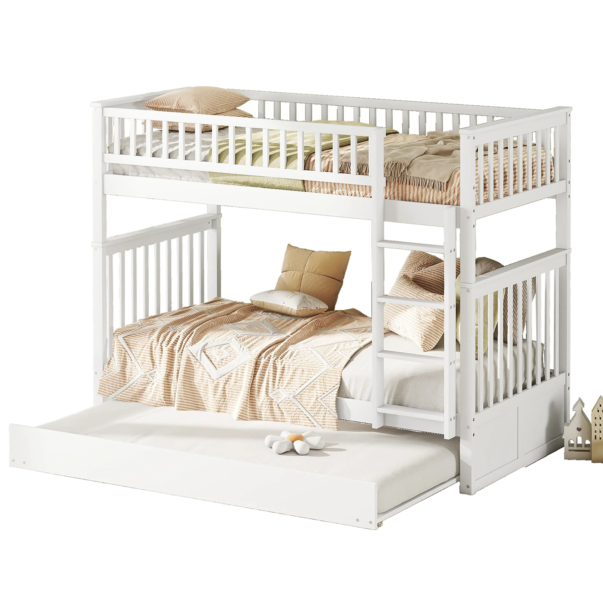 Triple Bunk Bed 90x200cm with Pull-Out Bed High Railings Sturdy Staircase White - Image 8