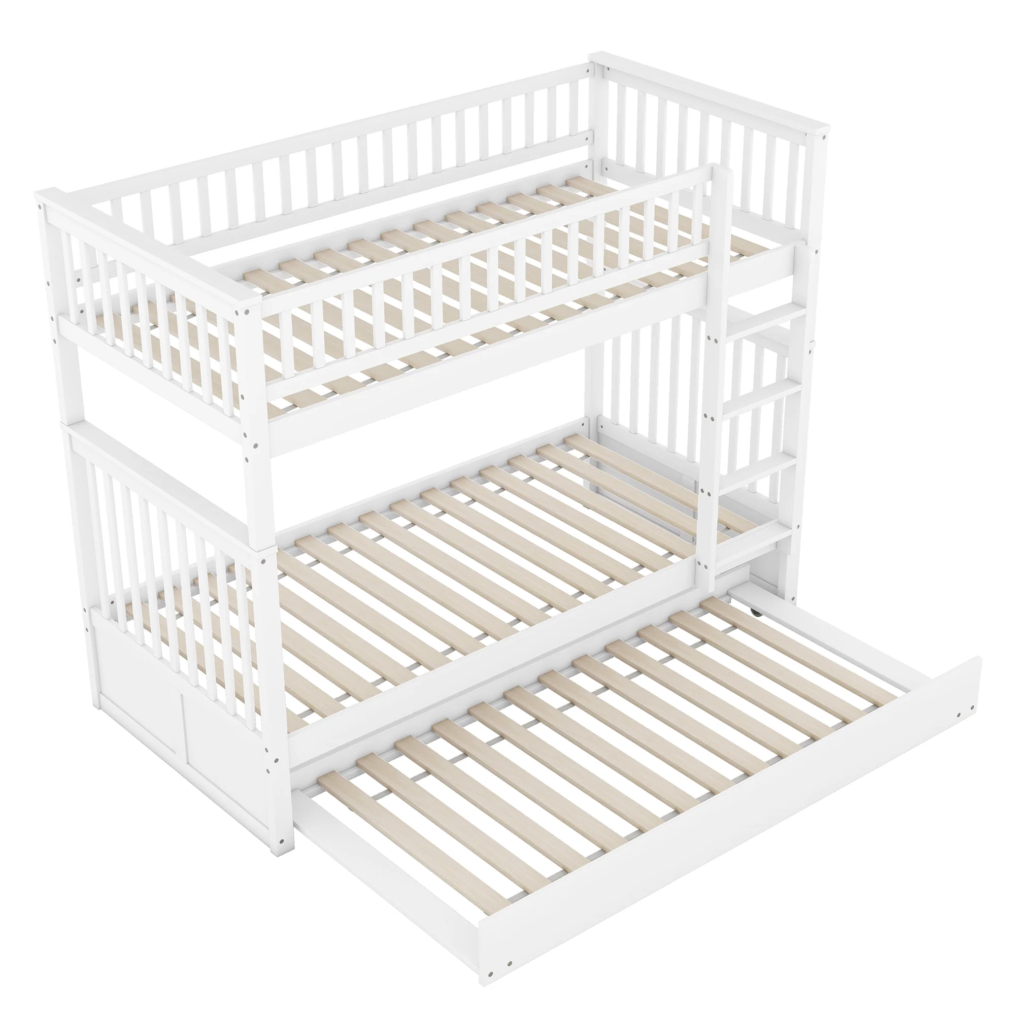 Triple Bunk Bed 90x200cm with Pull-Out Bed High Railings Sturdy Staircase White - Image 9