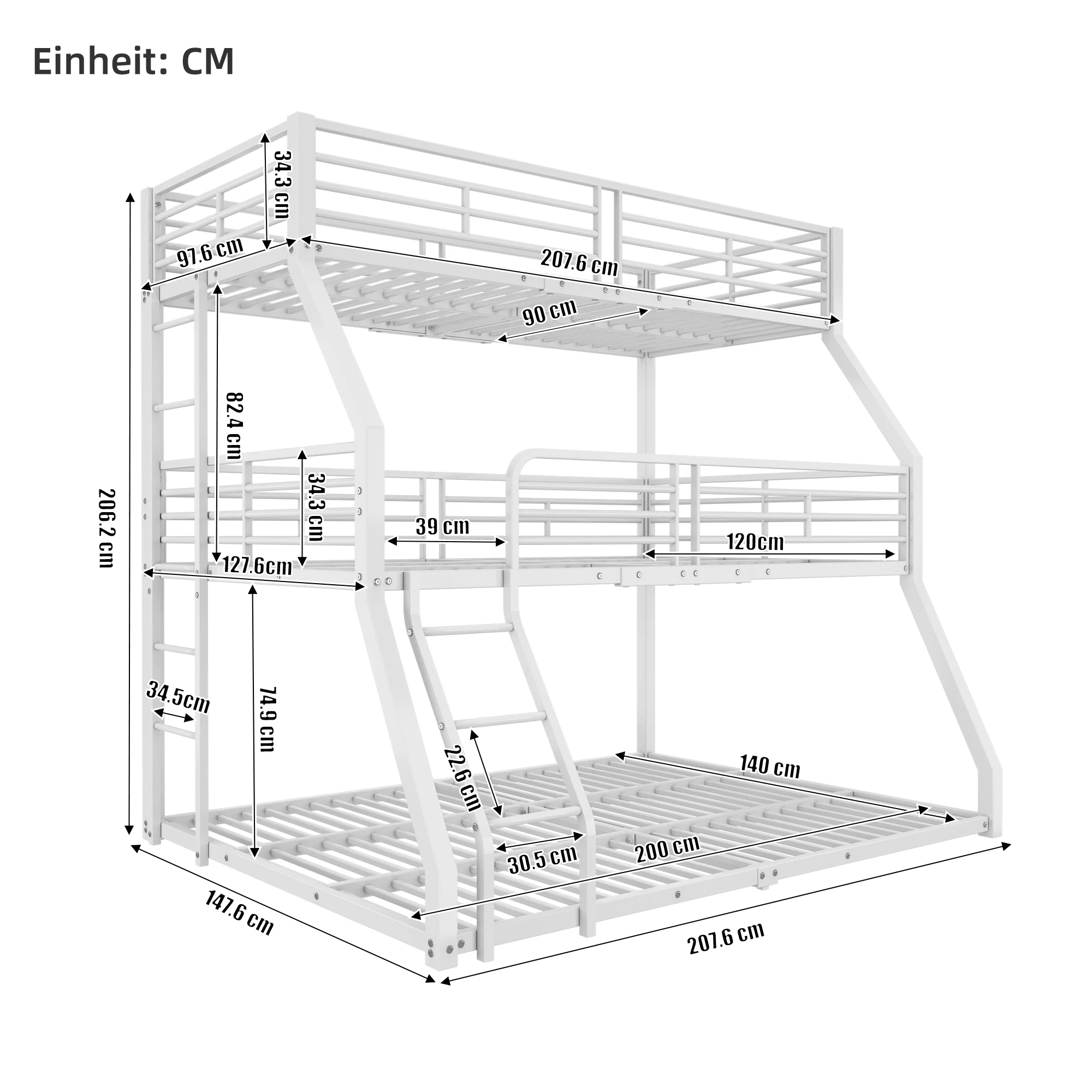 Triple Bunk Bed Metal Frame Multi-Size - White - Image 6