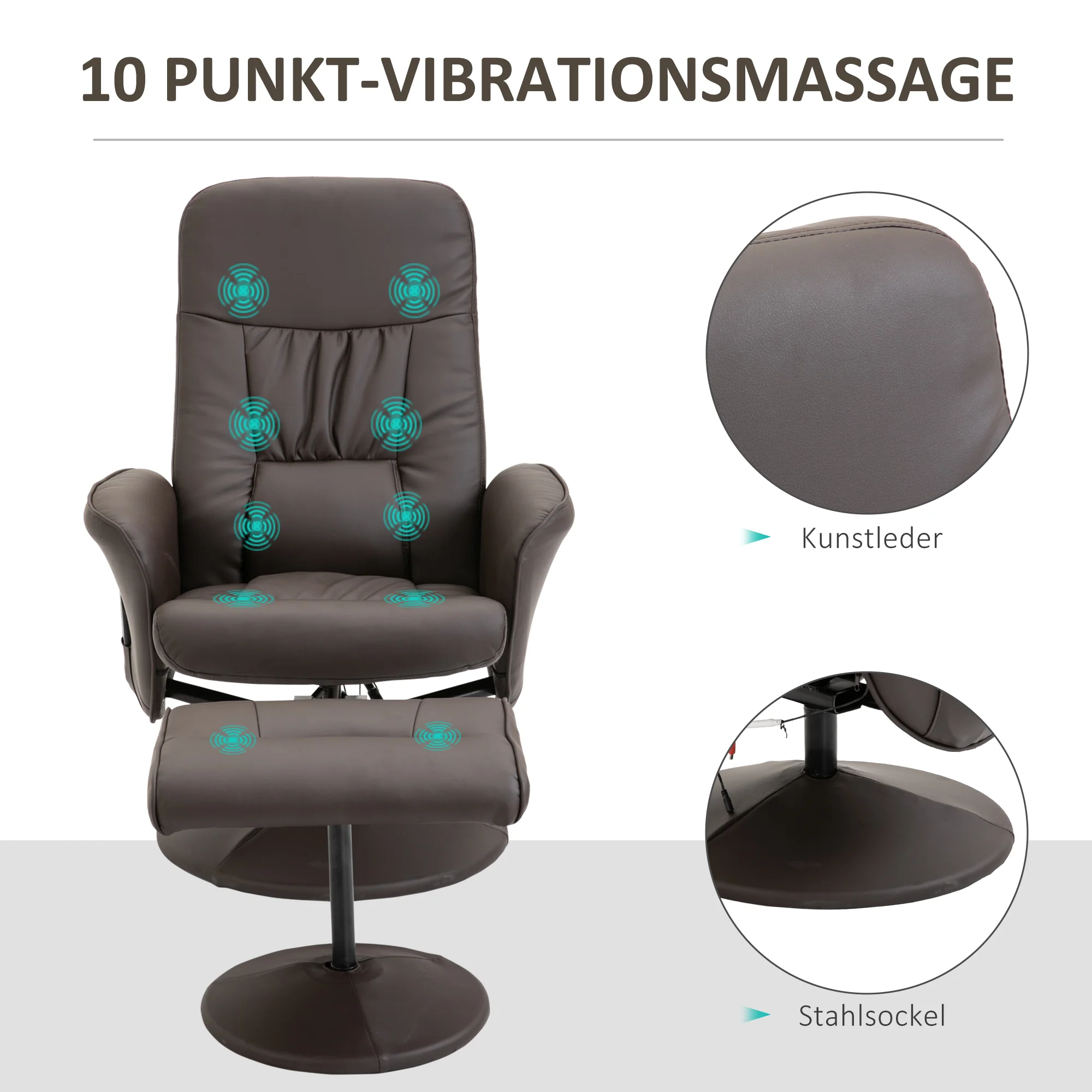 TV Armchair 2-piece Reclining 360° Swivel 10 Massage Points, Faux Leather Brown - Image 4
