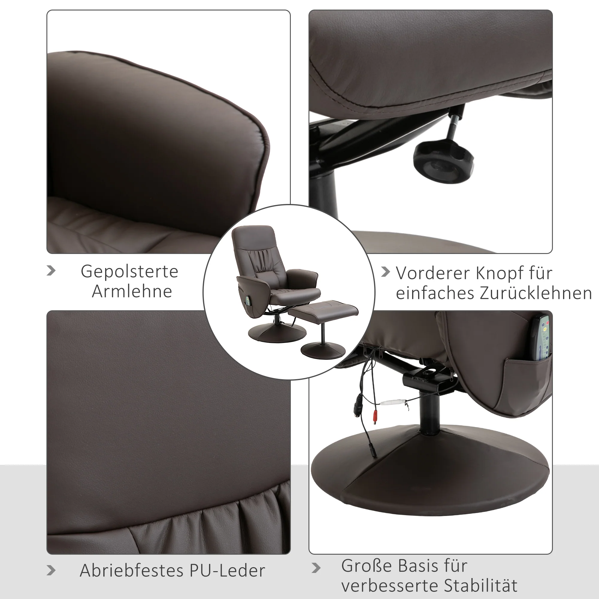 TV Armchair 2-piece Reclining 360° Swivel 10 Massage Points, Faux Leather Brown - Image 5