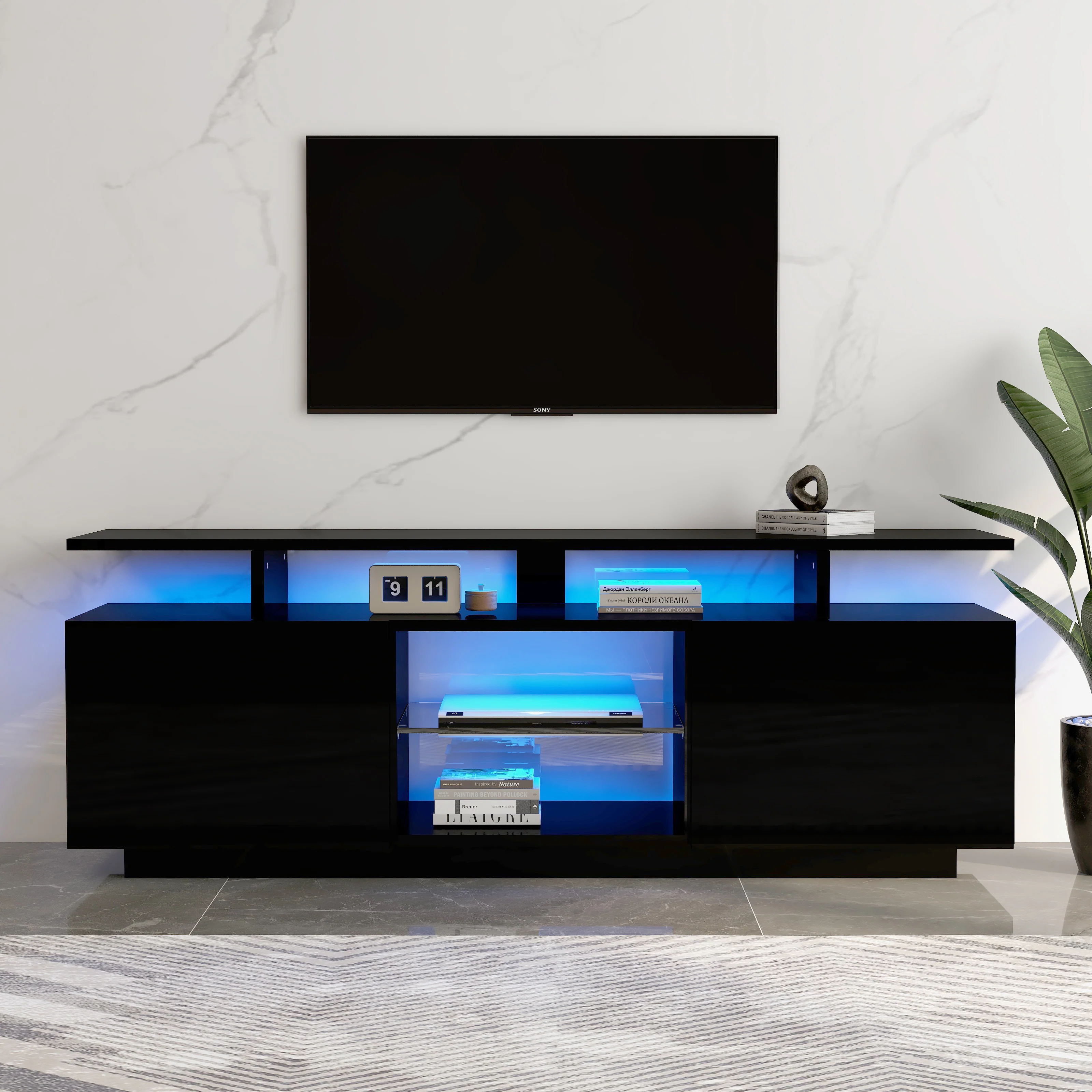 TV Cabinet 140cm 16-Color LED High-Gloss Glass Storage - Black - Image 2