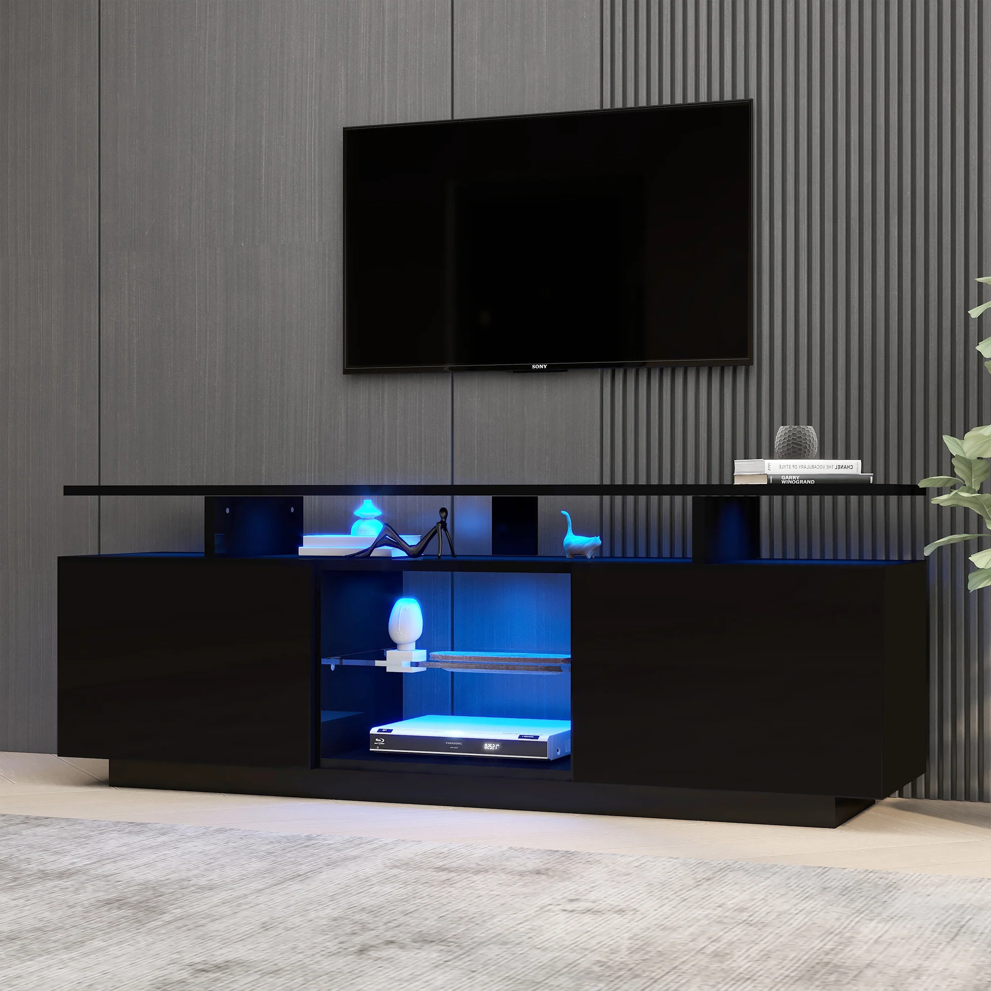 TV Cabinet 140cm 16-Color LED High-Gloss Glass Storage - Black - Image 4