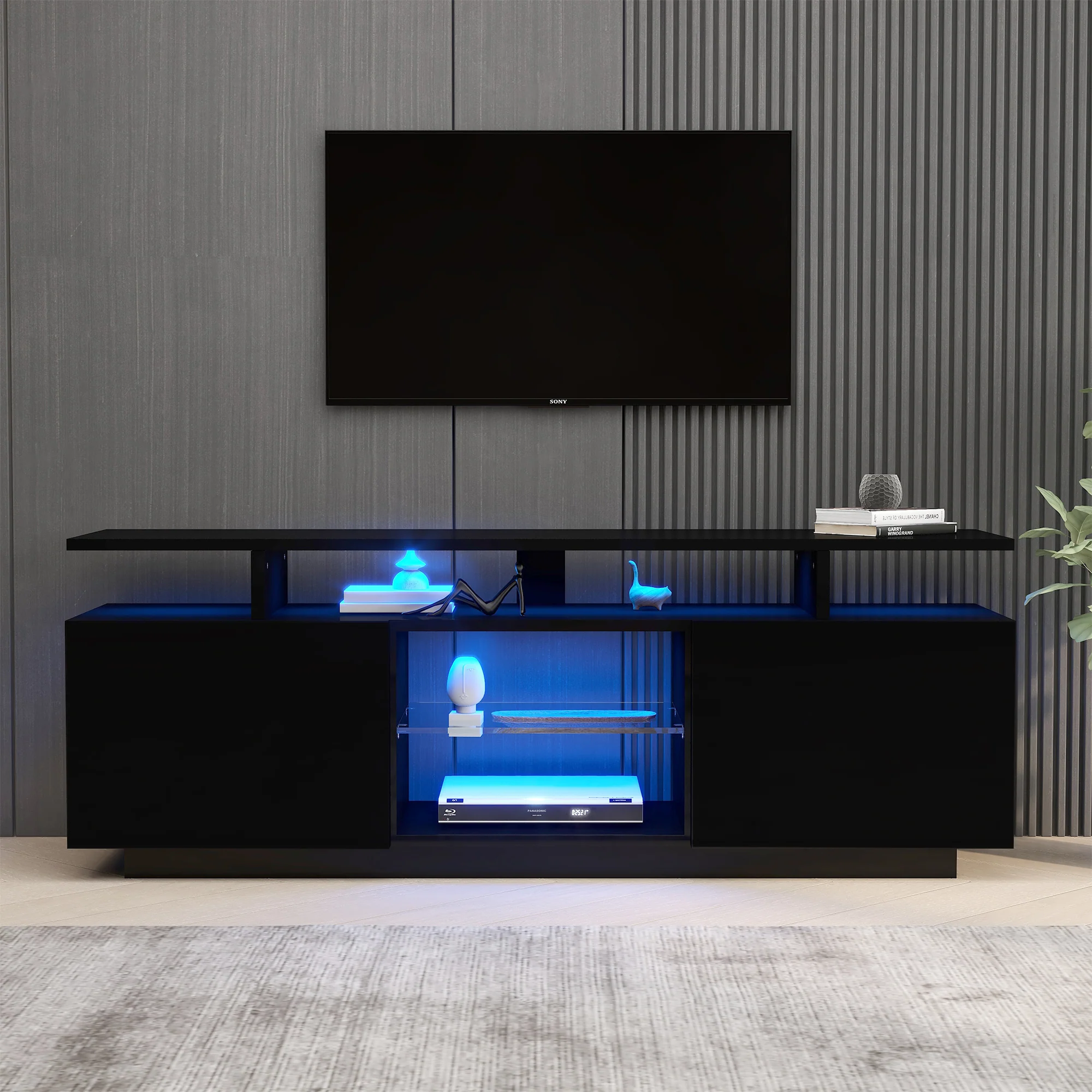 TV Cabinet 140cm 16-Color LED High-Gloss Glass Storage - Black - Image 6