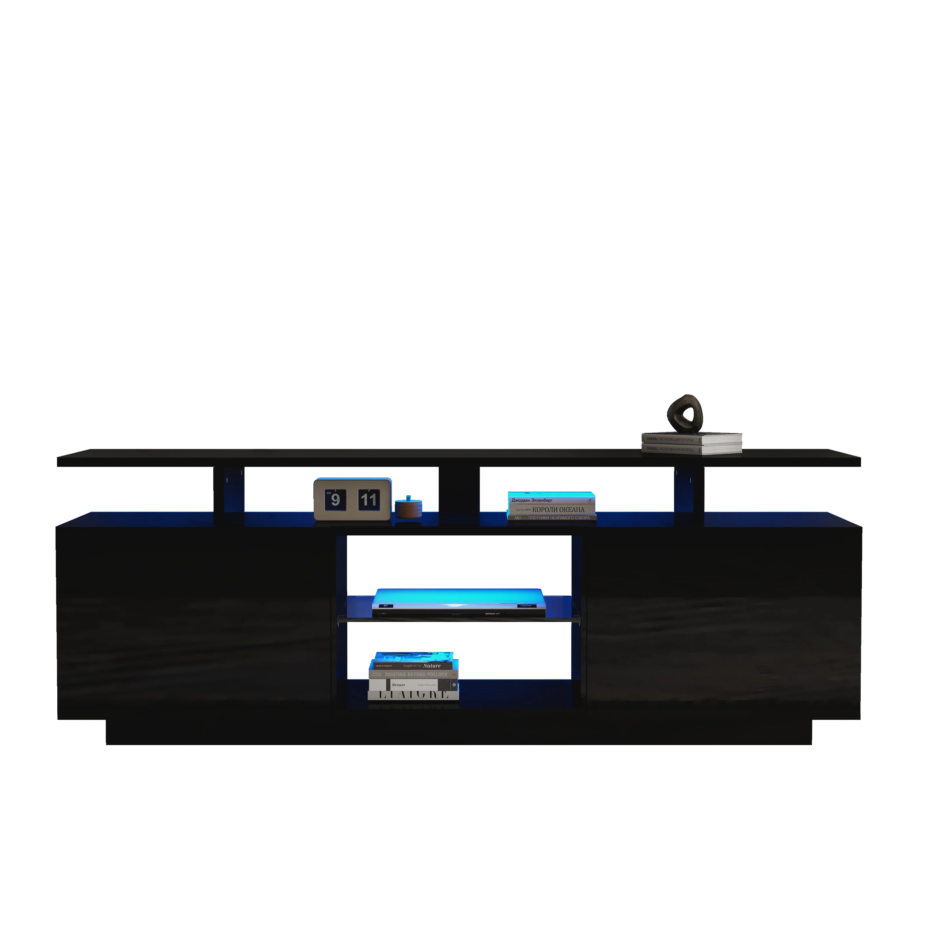 TV Cabinet 140cm 16-Color LED High-Gloss Glass Storage - Black - Image 7