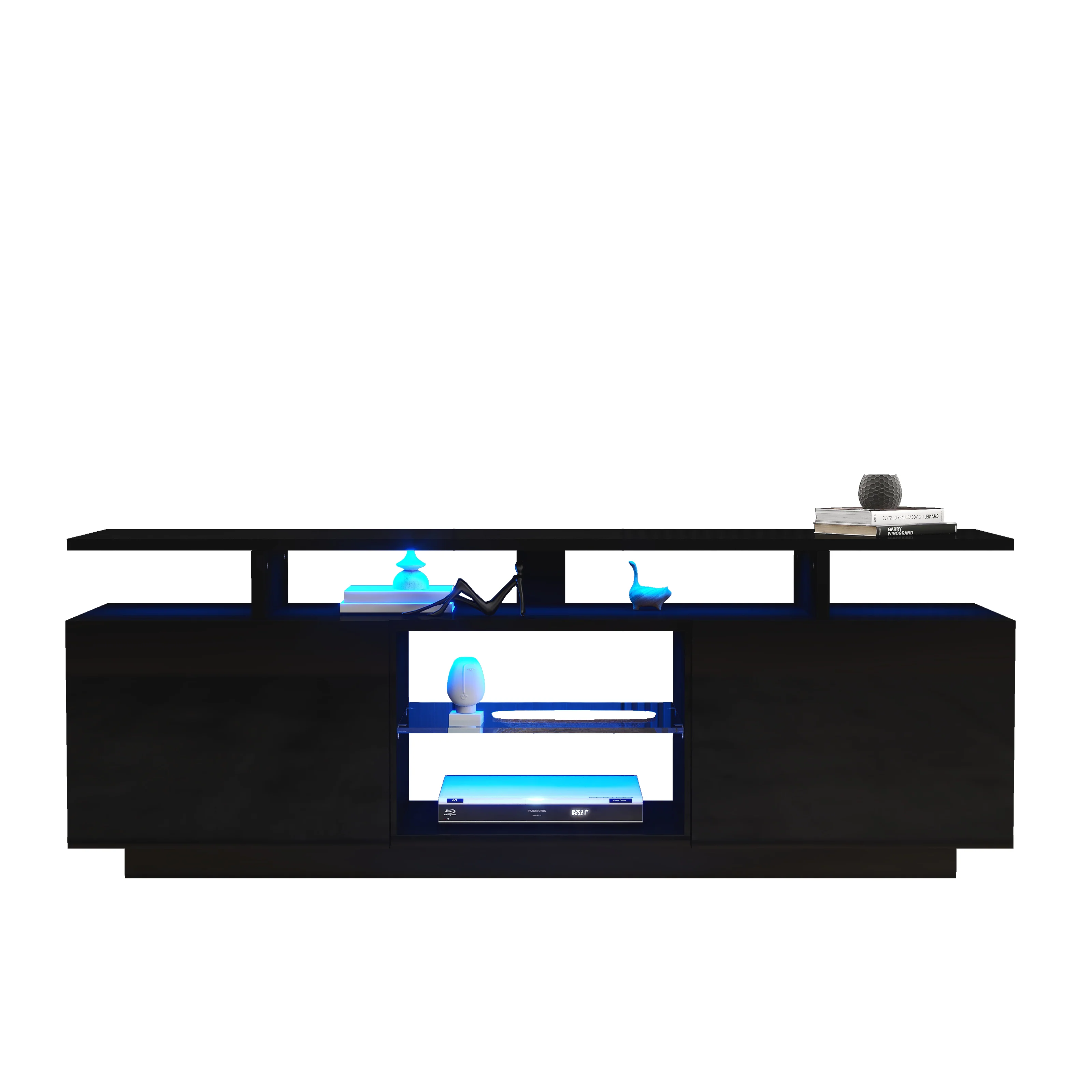 TV Cabinet 140cm 16-Color LED High-Gloss Glass Storage - Black - Image 8
