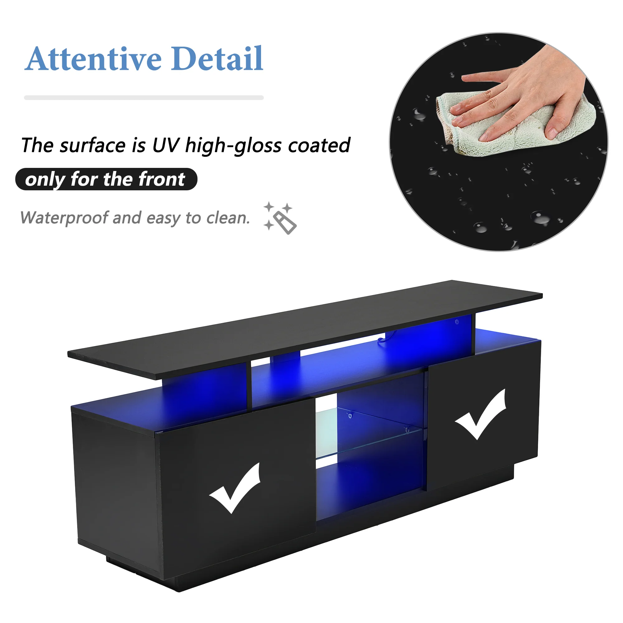 TV Cabinet 140cm 16-Color LED High-Gloss Glass Storage - Black - Image 9