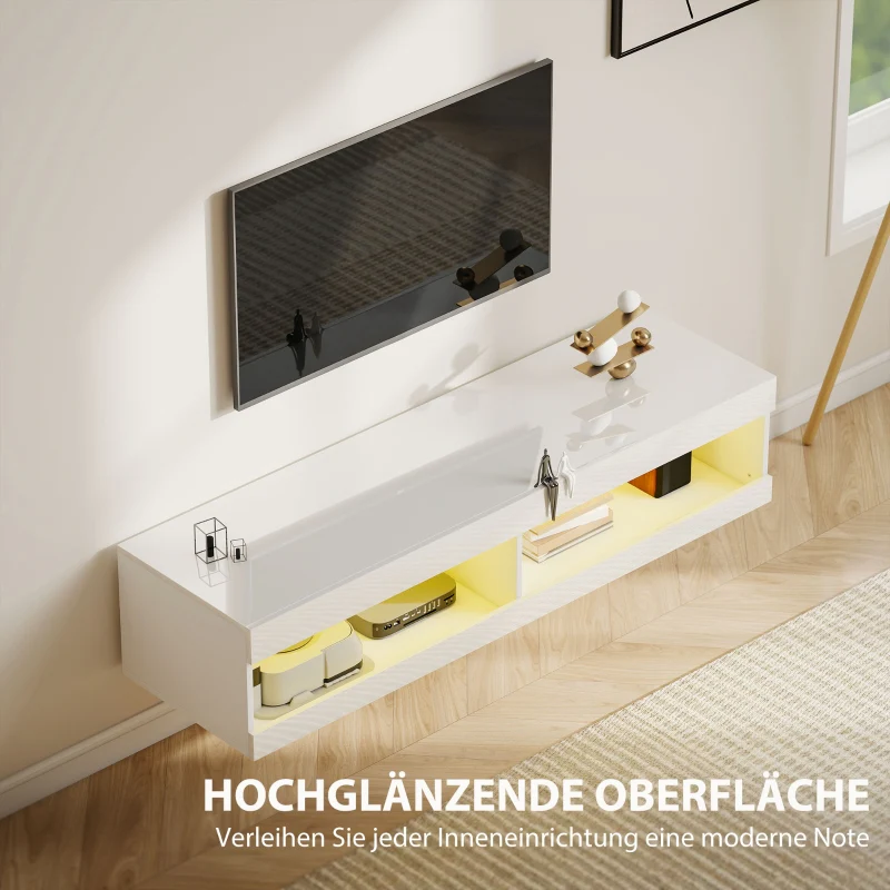 TV Cabinet 140cm Wall-Mounted Lowboard RGB LED Lighting Open Storage High-Gloss White - Image 5