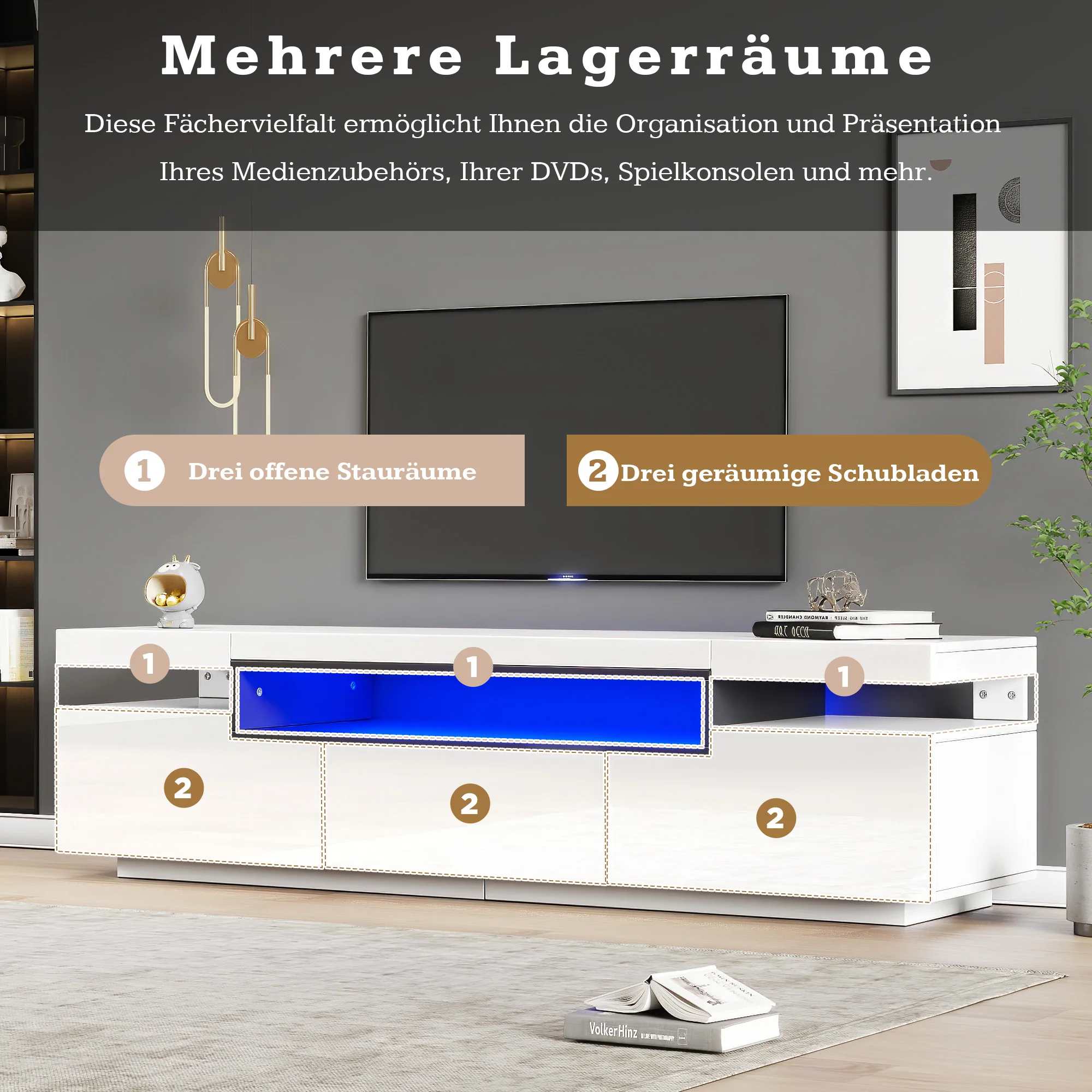 TV Cabinet, 160x39x42cm LED Lighting, 3 Drawers, White High-Gloss - Image 10