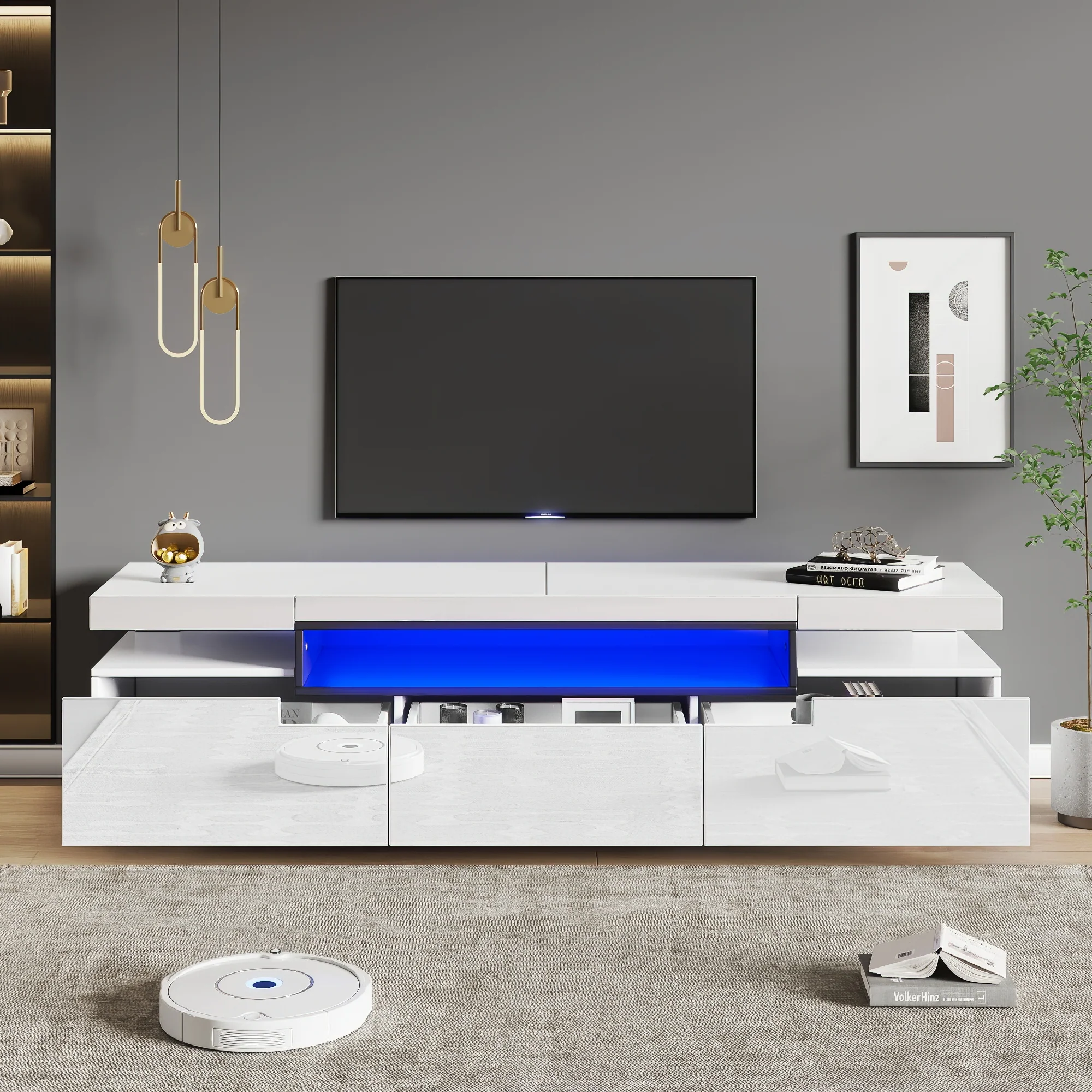 TV Cabinet, 160x39x42cm LED Lighting, 3 Drawers, White High-Gloss - Image 2