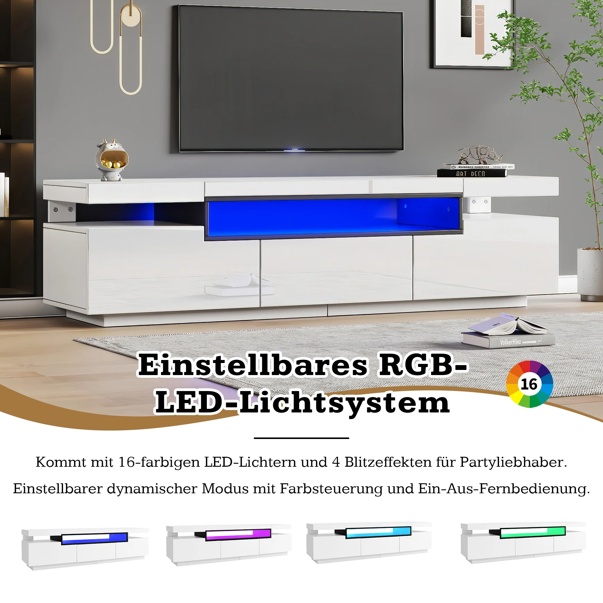 TV Cabinet, 160x39x42cm LED Lighting, 3 Drawers, White High-Gloss - Image 6