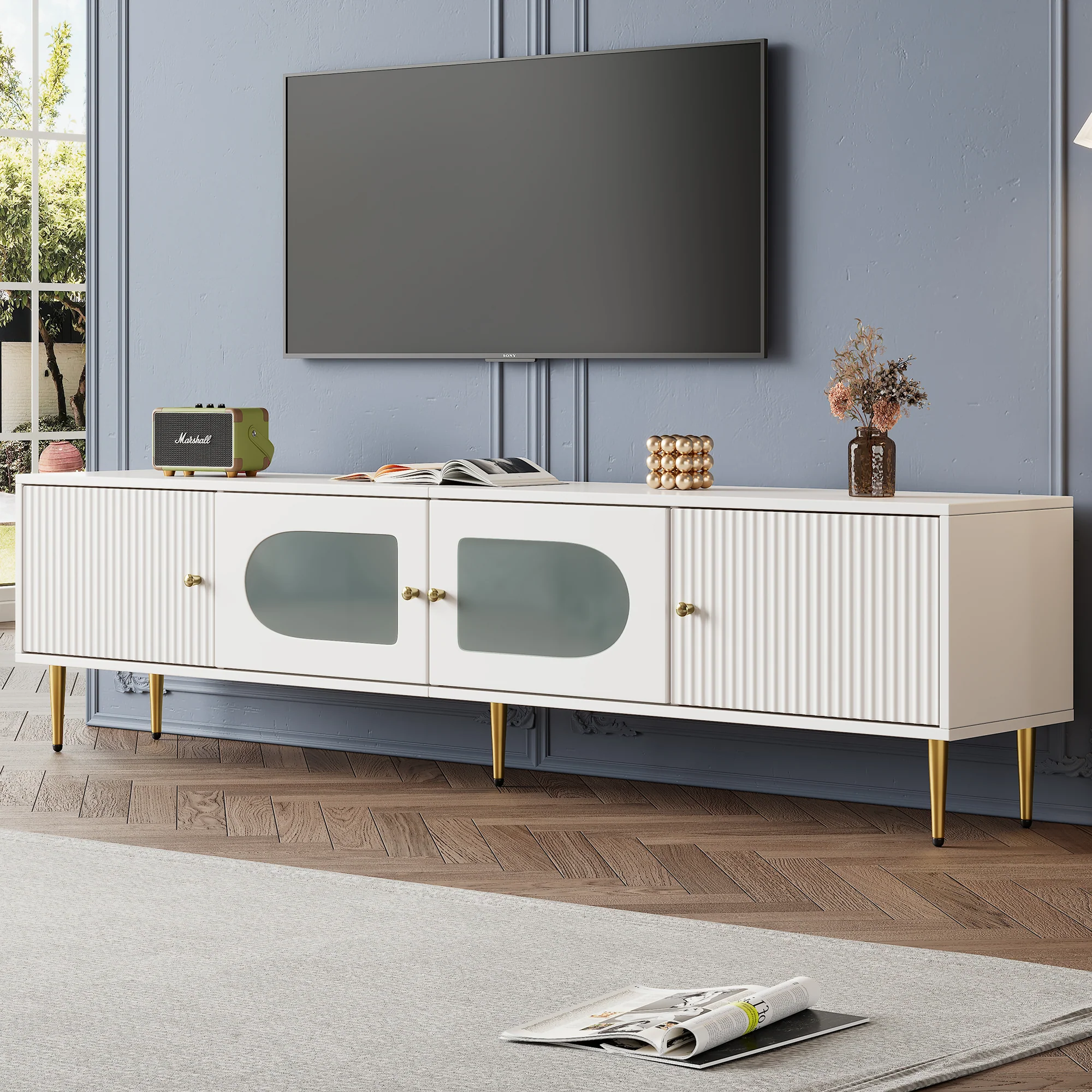 TV Cabinet 170x35x50cm, Golden Legs & Handles, Curved Glass, White