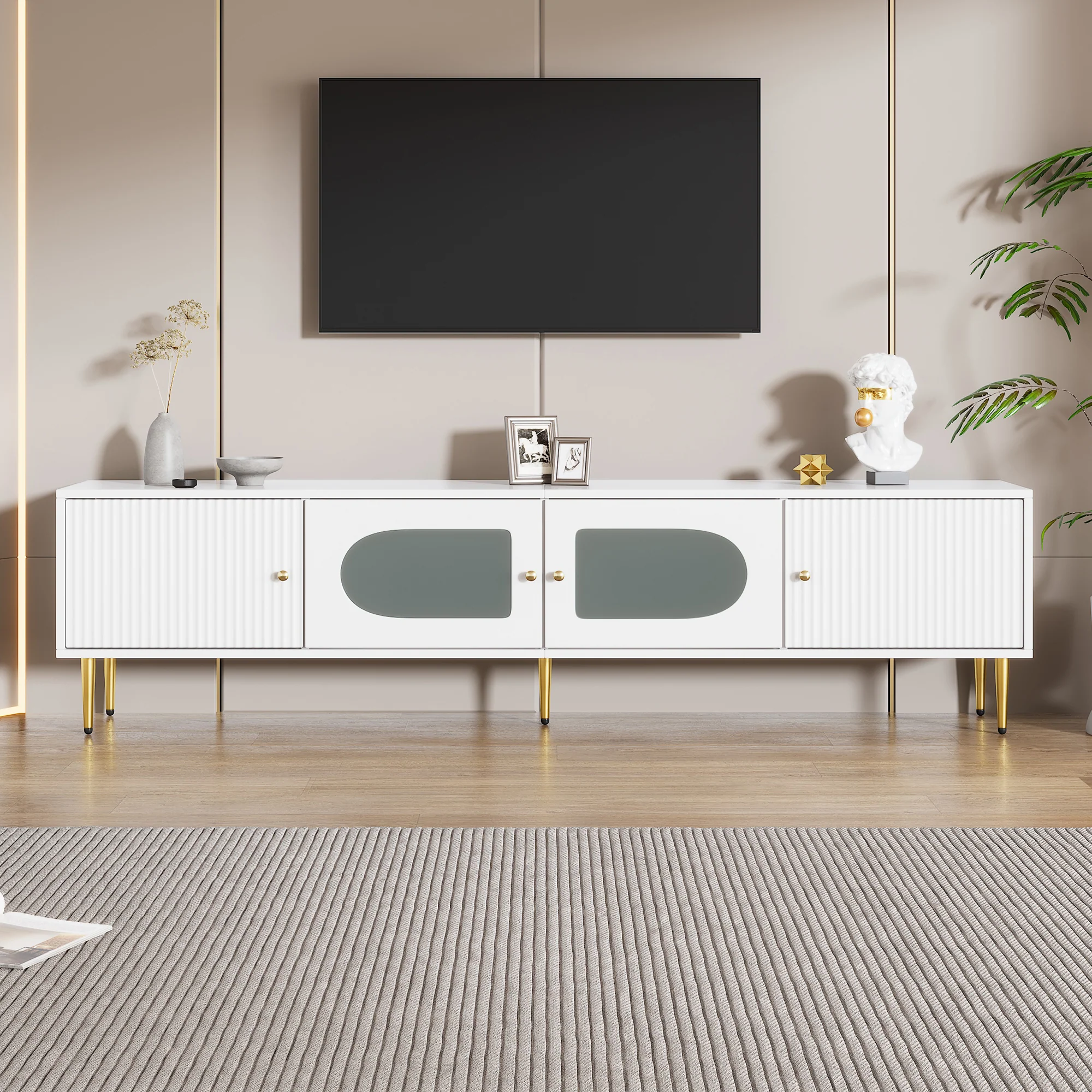 TV Cabinet 170x35x50cm, Golden Legs & Handles, Curved Glass, White - Image 5