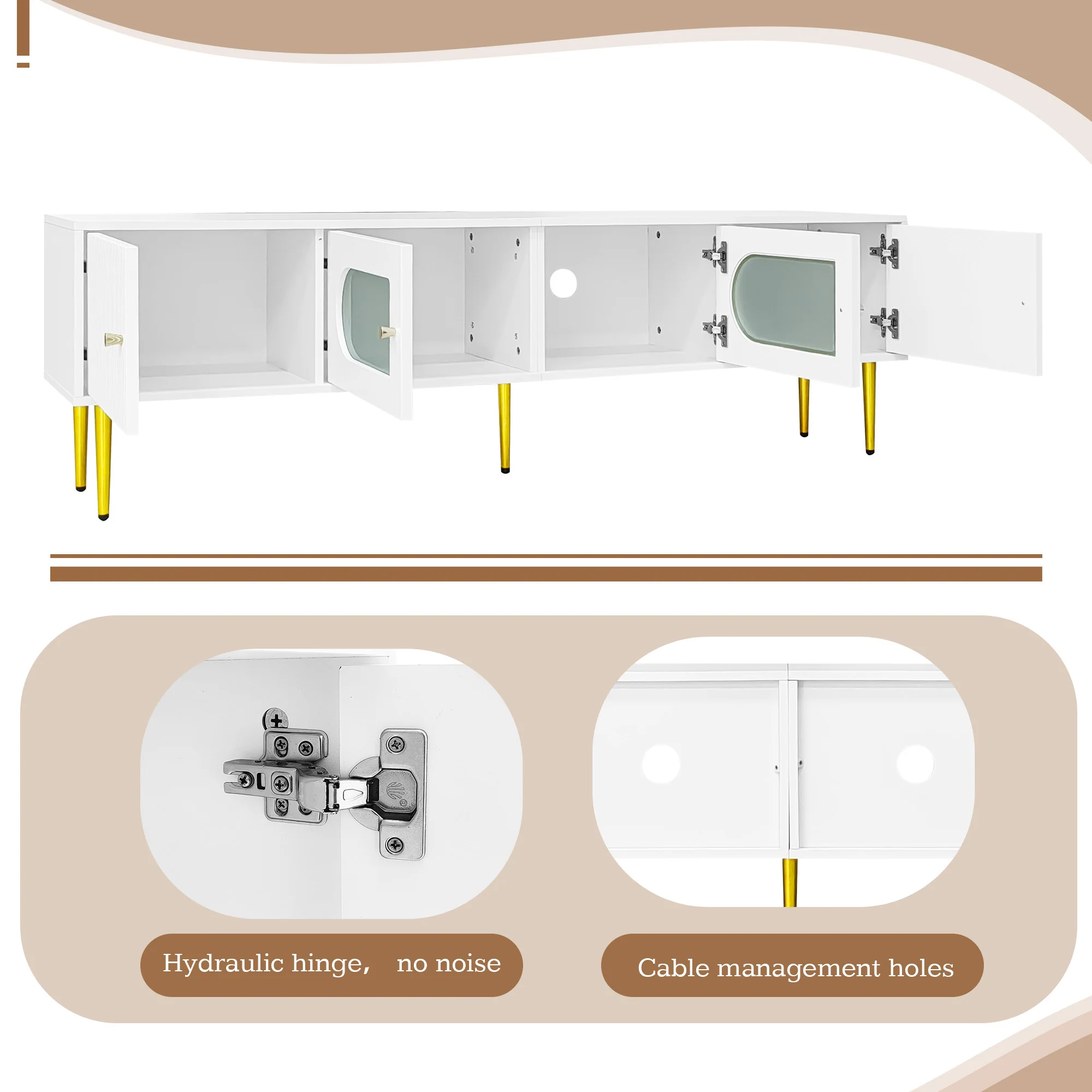 TV Cabinet 170x35x50cm, Golden Legs & Handles, Curved Glass, White - Image 8