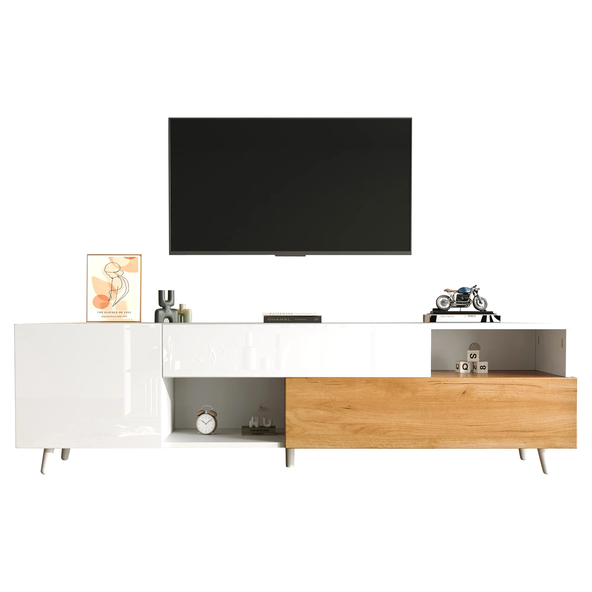 TV Cabinet, 180cm Lowboard with 1 Drawer & 7 Compartments, High-Gloss Finish - Image 10