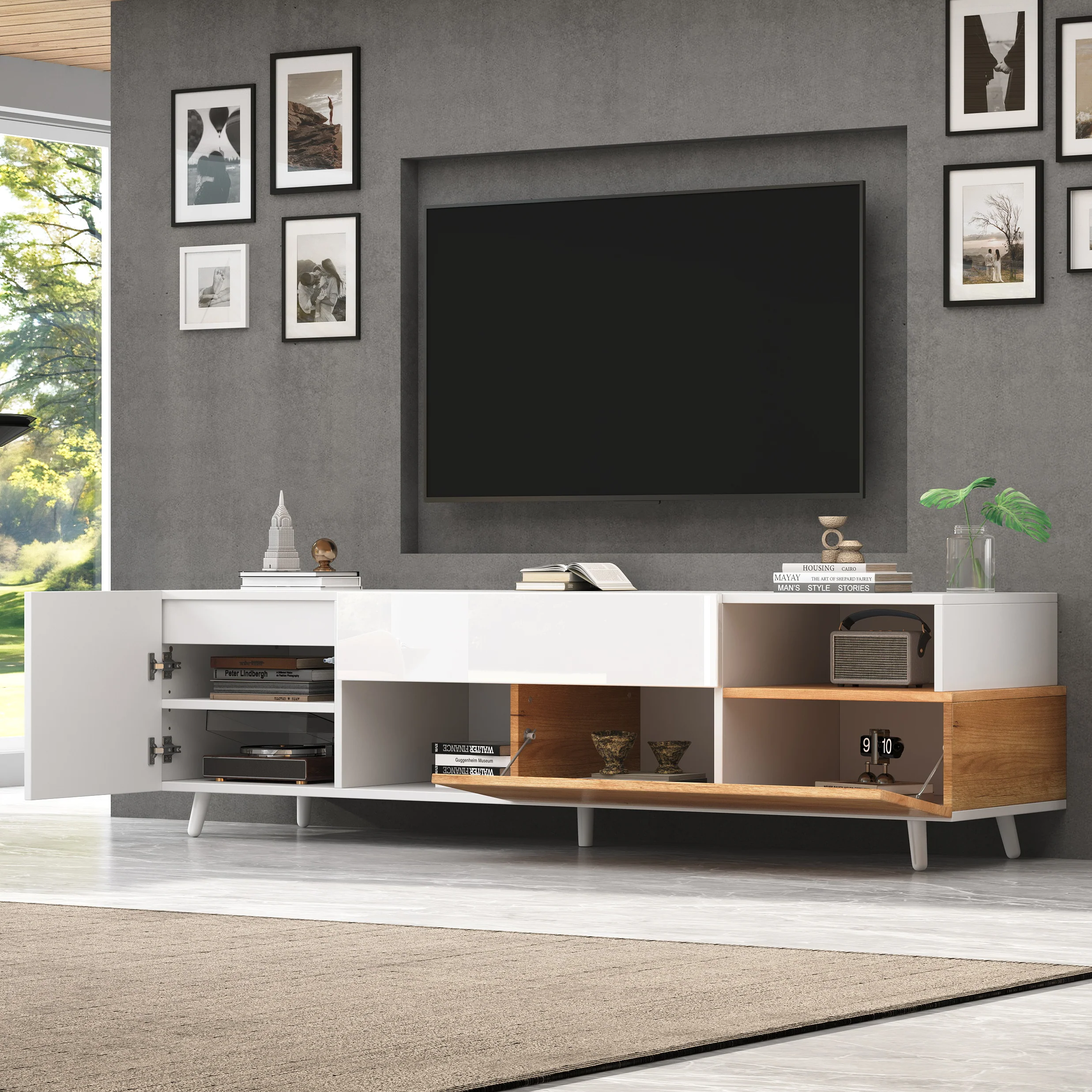 TV Cabinet, 180cm Lowboard with 1 Drawer & 7 Compartments, High-Gloss Finish - Image 2