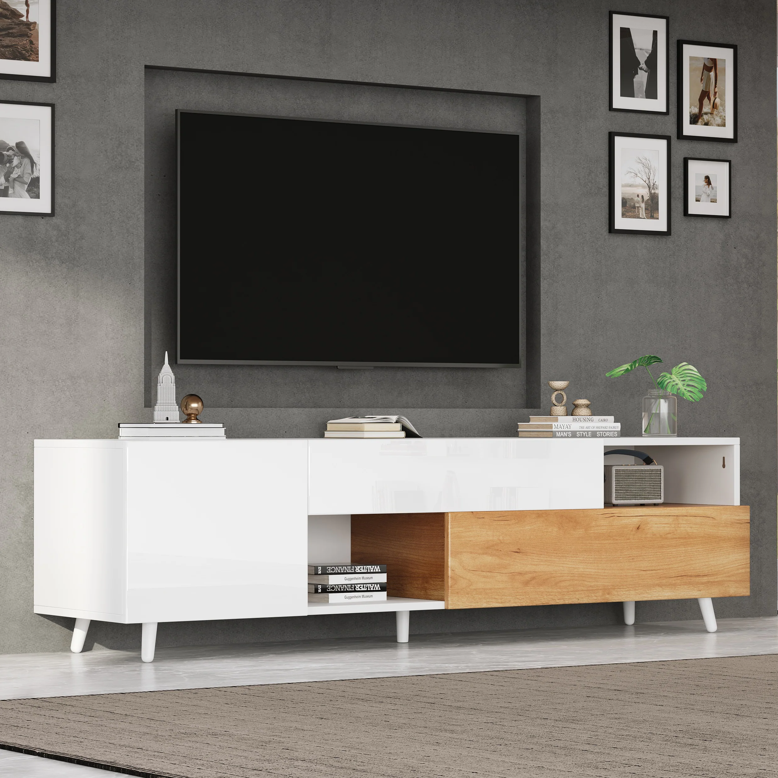 TV Cabinet, 180cm Lowboard with 1 Drawer & 7 Compartments, High-Gloss Finish - Image 3