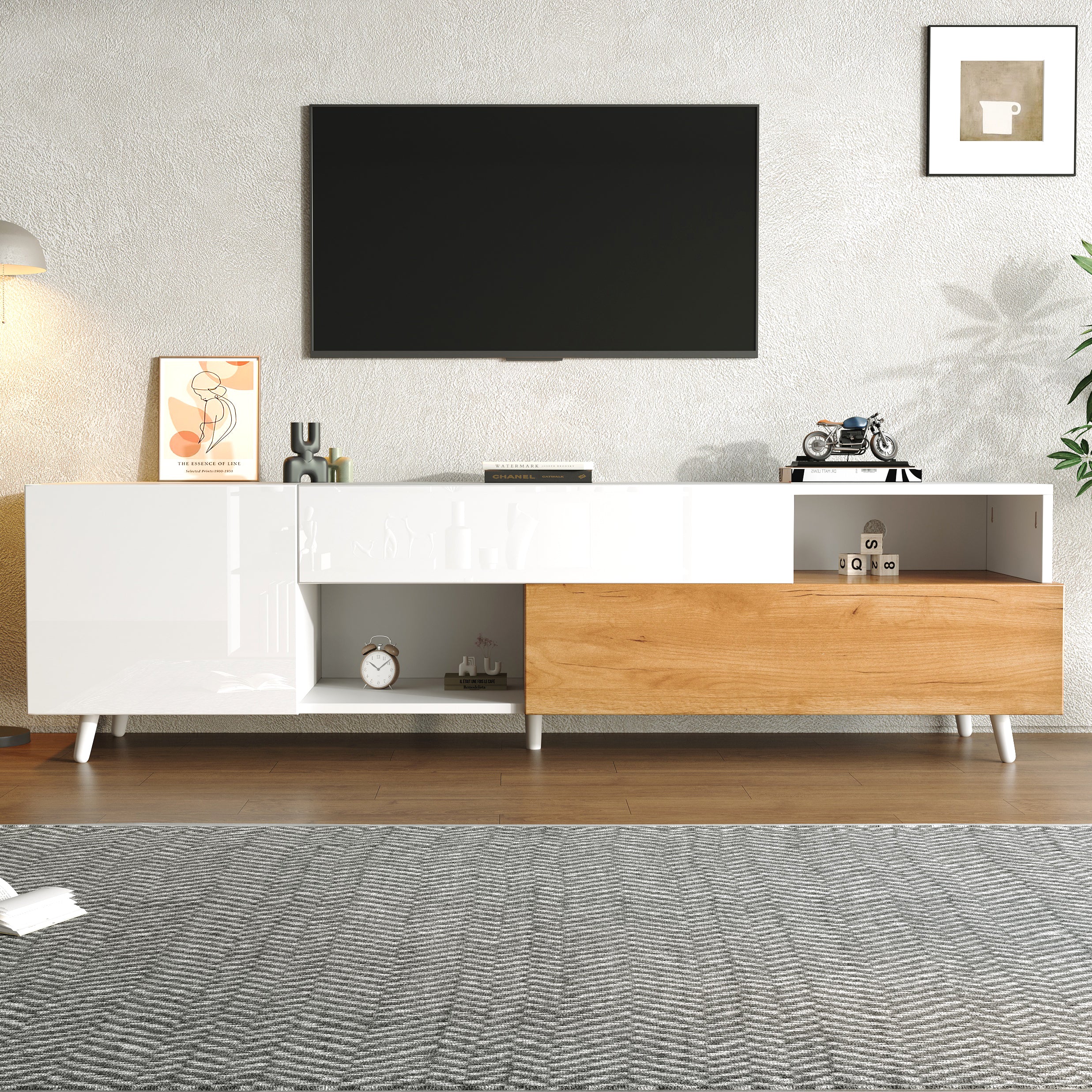 TV Cabinet, 180cm Lowboard with 1 Drawer & 7 Compartments, High-Gloss Finish - Image 4