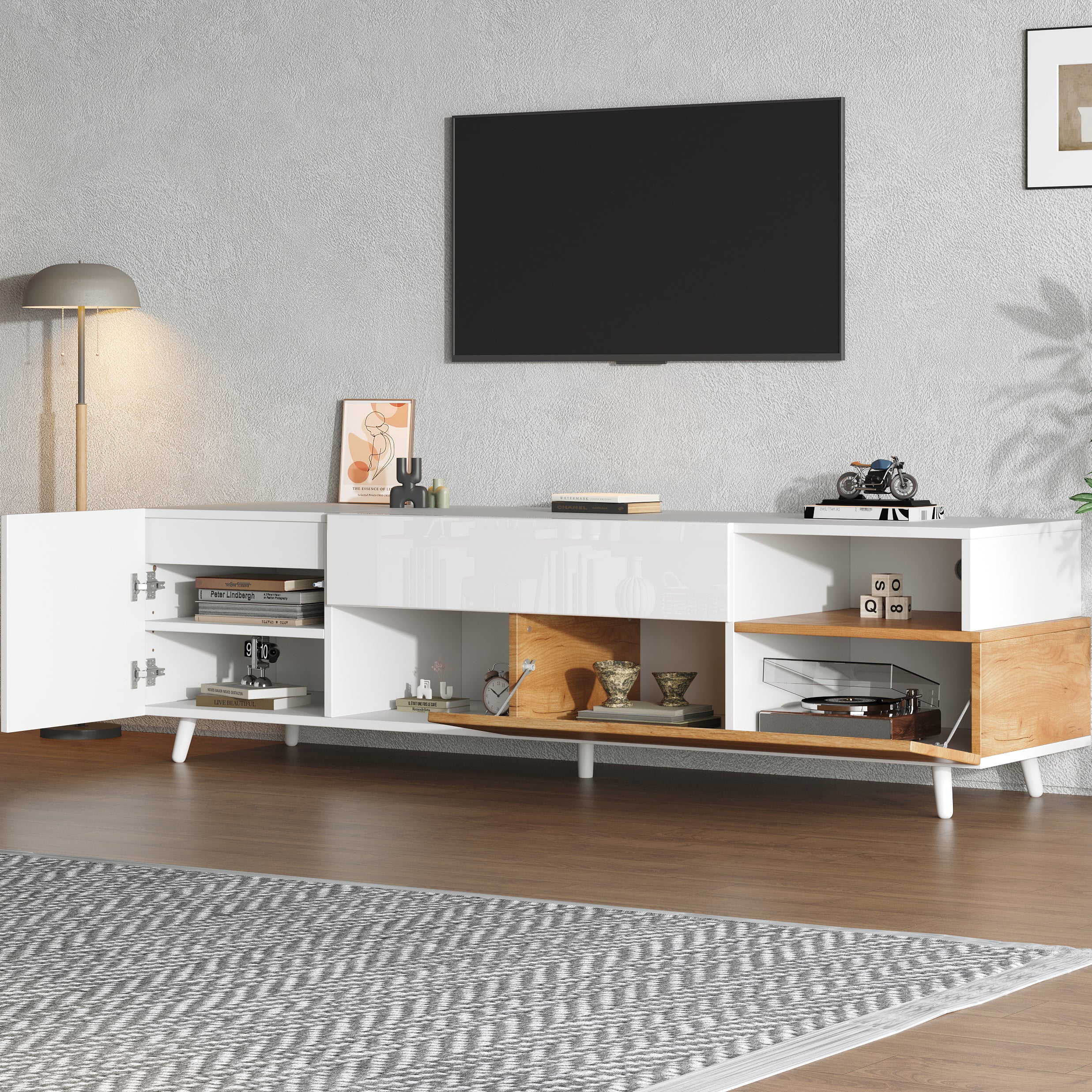 TV Cabinet, 180cm Lowboard with 1 Drawer & 7 Compartments, High-Gloss Finish - Image 5