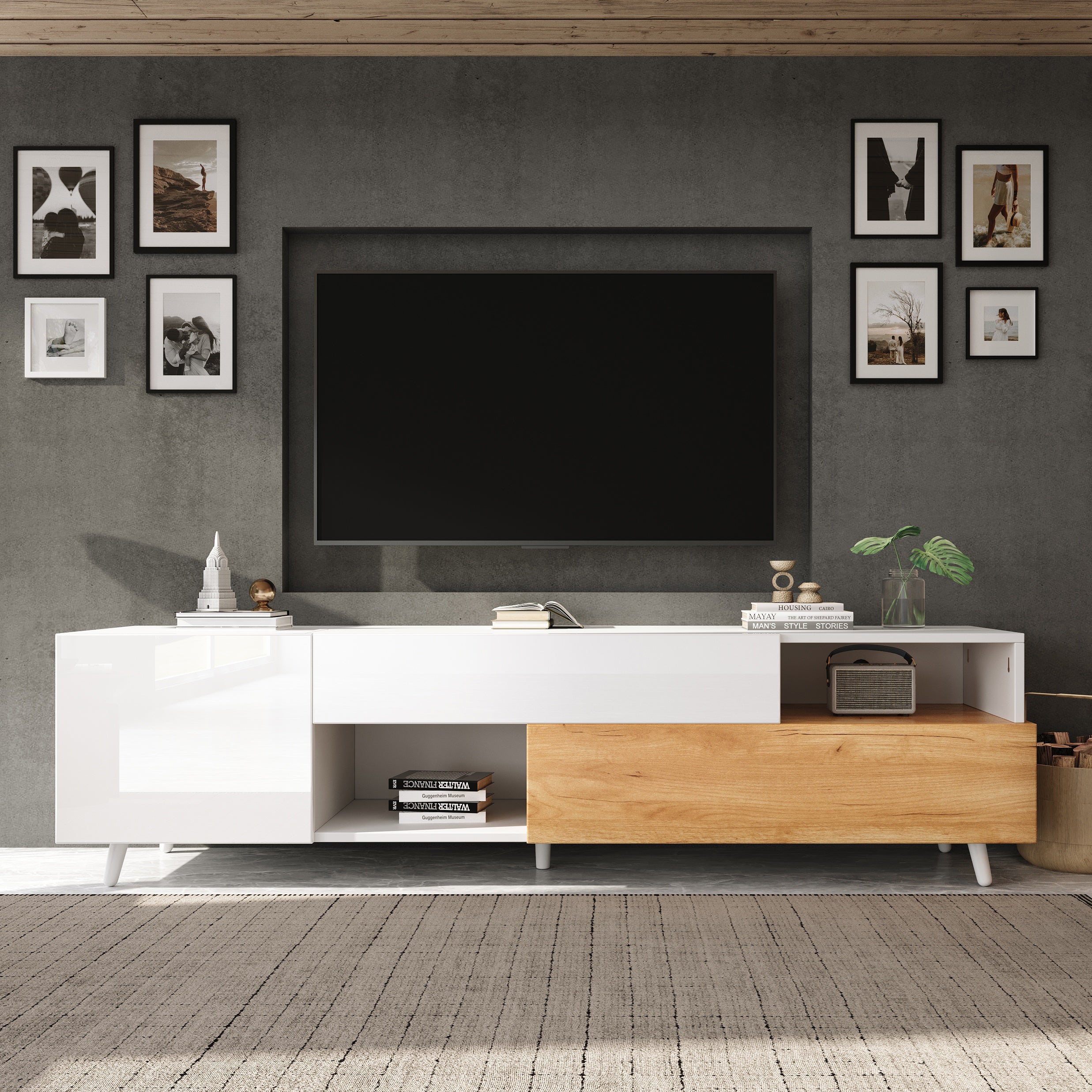 TV Cabinet, 180cm Lowboard with 1 Drawer & 7 Compartments, High-Gloss Finish - Image 6