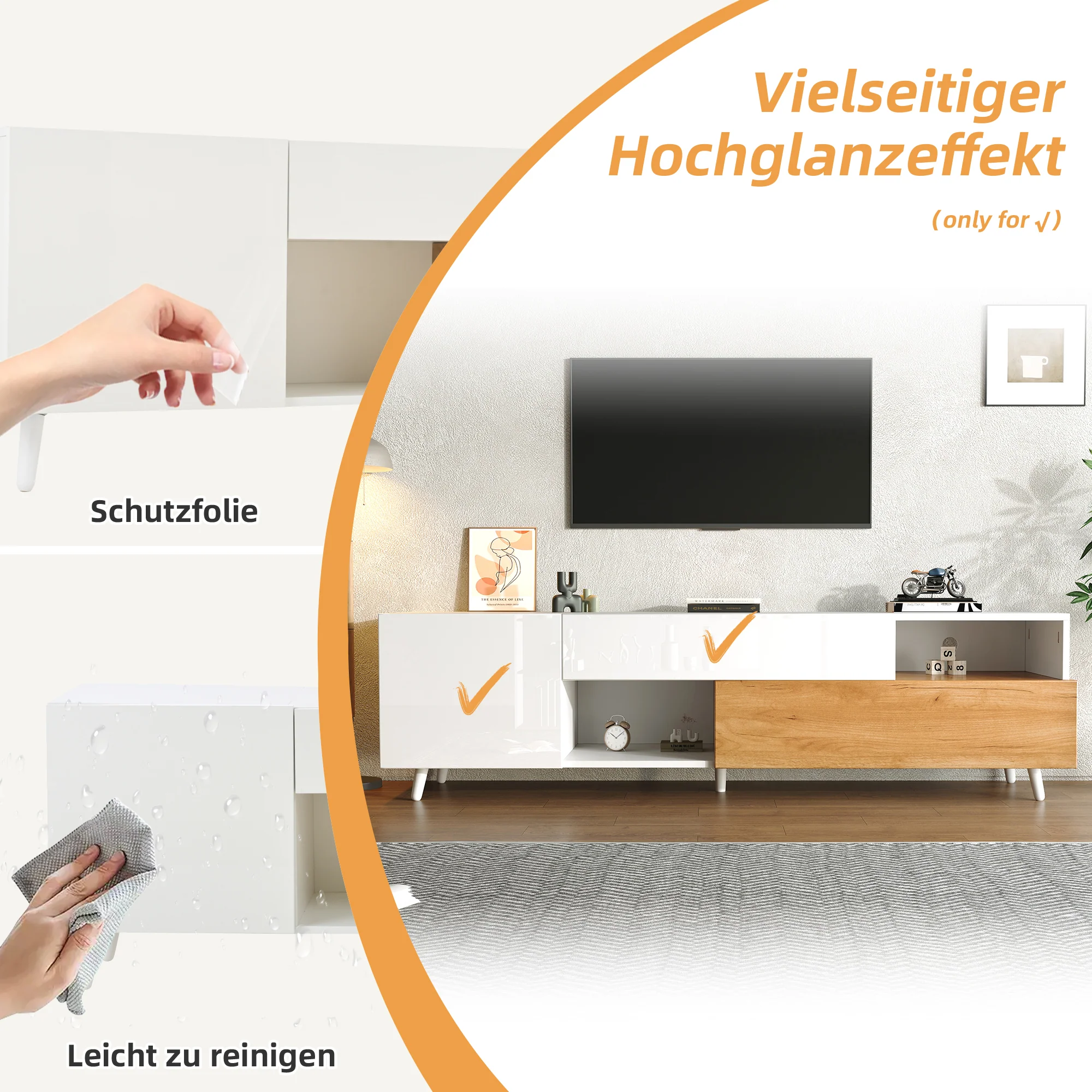 TV Cabinet, 180cm Lowboard with 1 Drawer & 7 Compartments, High-Gloss Finish - Image 7