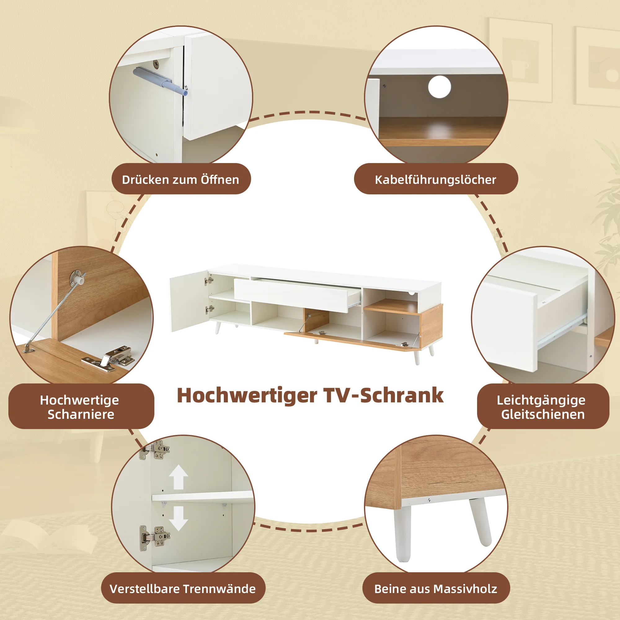 TV Cabinet, 180cm Lowboard with 1 Drawer & 7 Compartments, High-Gloss Finish - Image 8