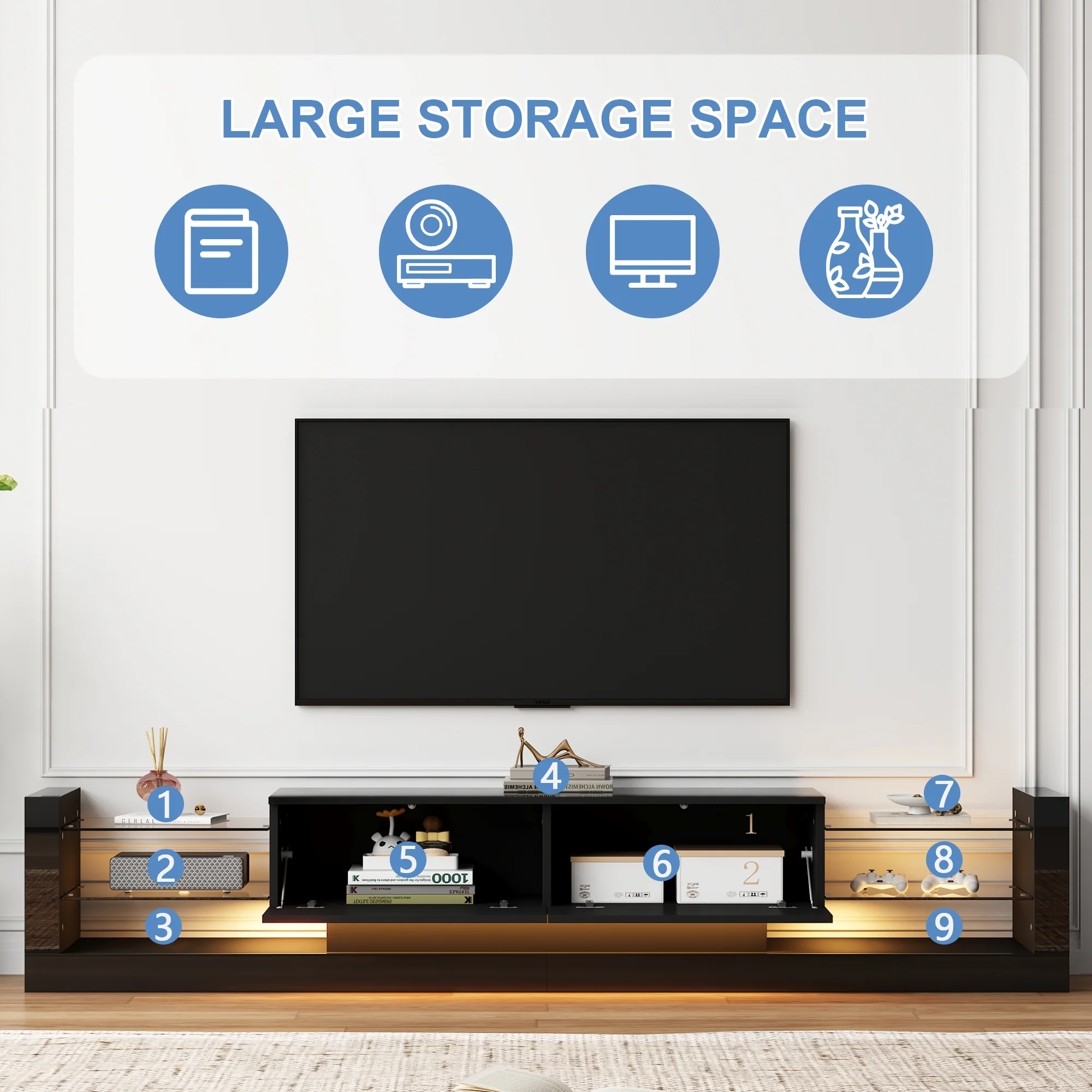 TV Cabinet, 181cm LED Lit, 80-inch Capacity, High-Gloss White - Image 10