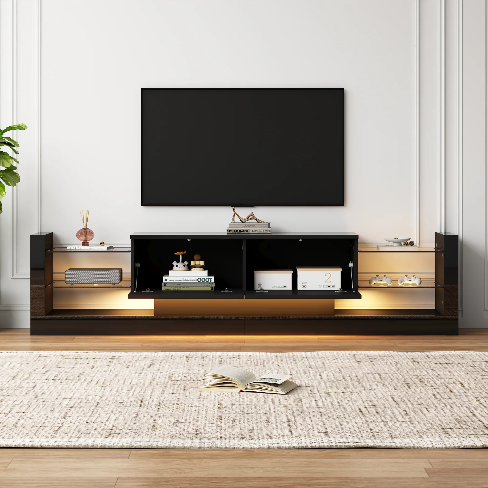 TV Cabinet, 181cm LED Lit, 80-inch Capacity, High-Gloss White - Image 2