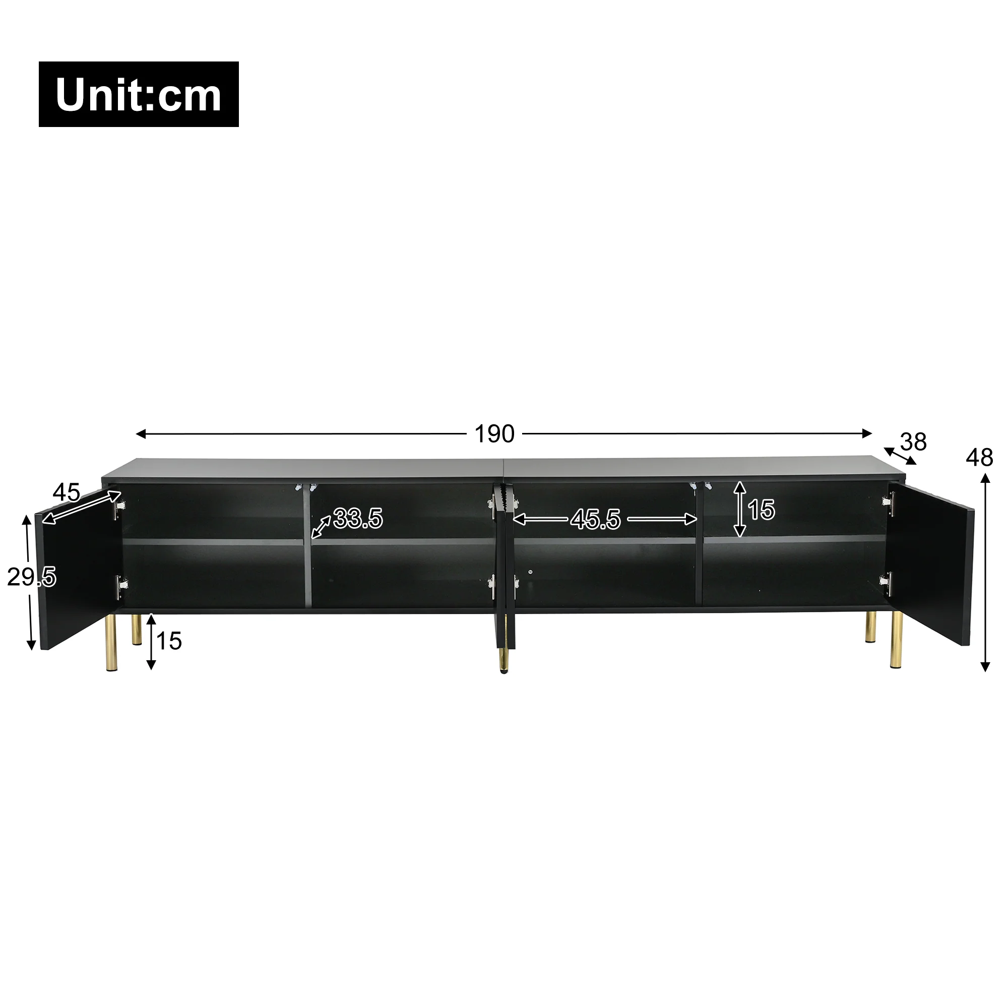 TV Cabinet 190cm Gold Table Legs - Black - Image 6