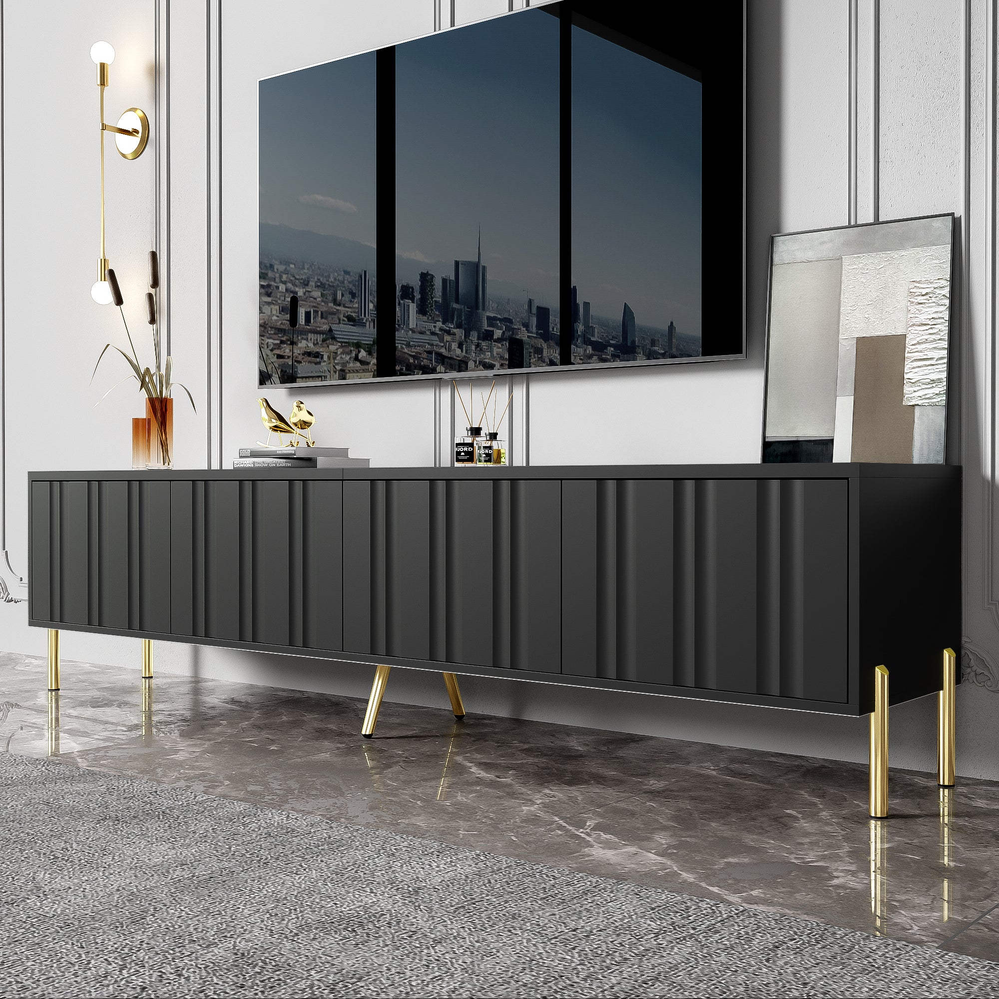 TV Cabinet 190cm Gold Table Legs - Black - Image 8