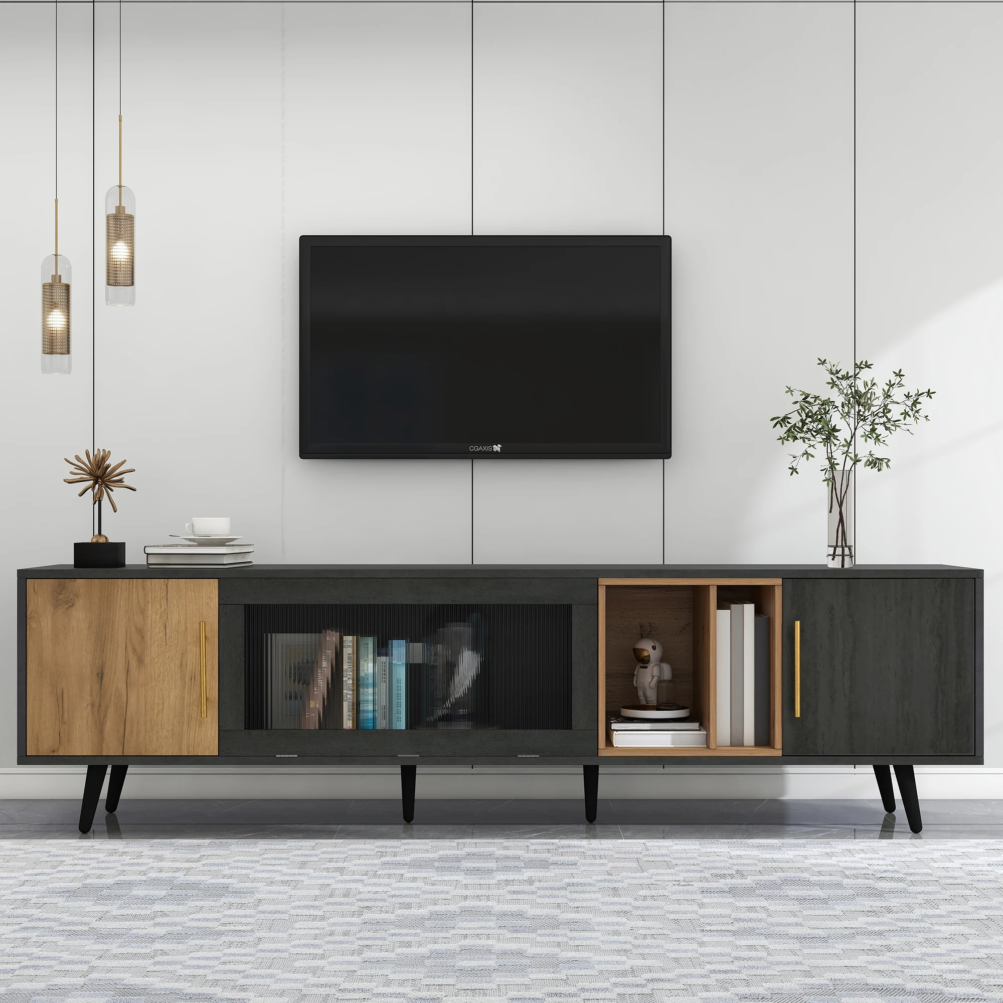 TV Cabinet 200cm for 90-inch TV - Dark Wood/Grey Grain