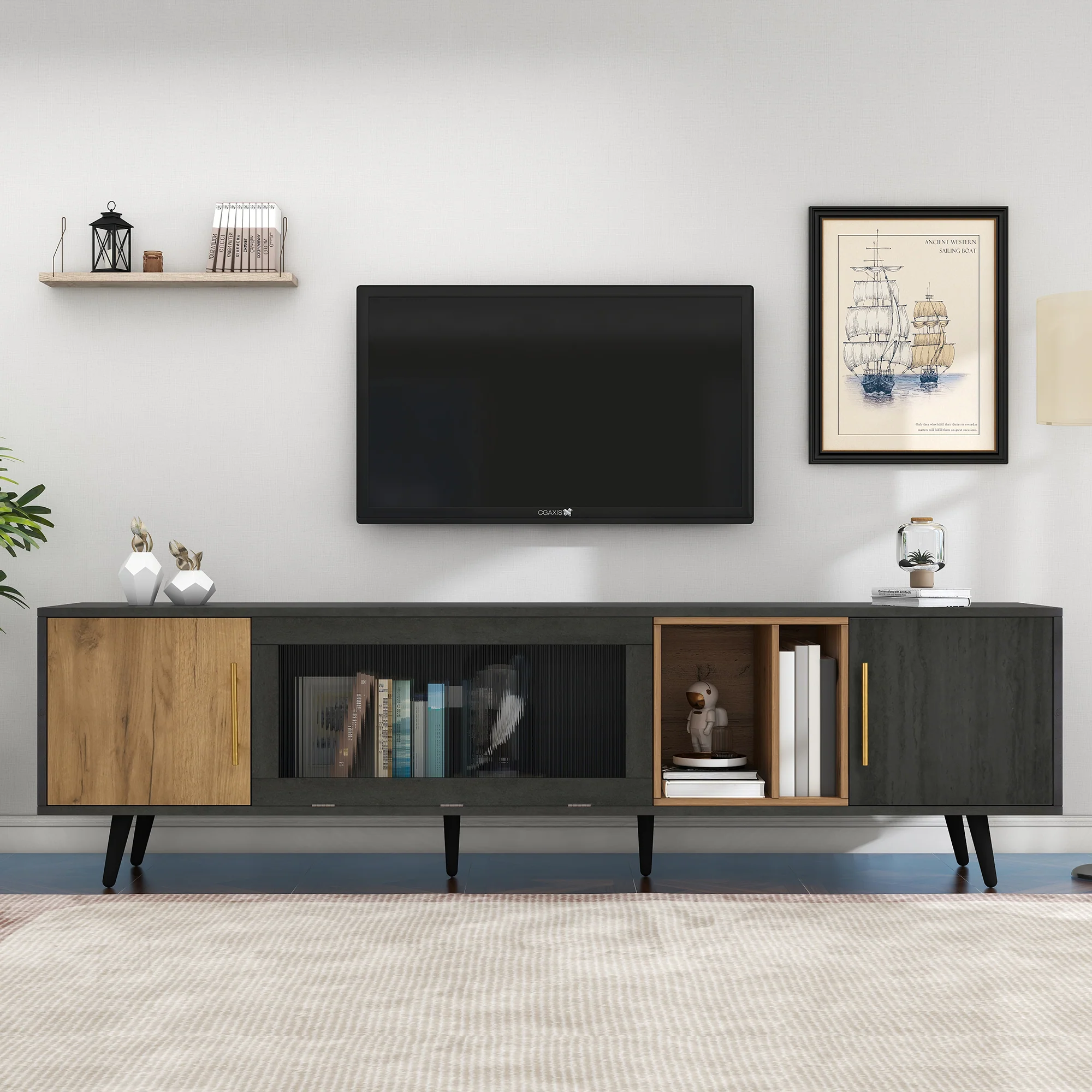 TV Cabinet 200cm for 90-inch TV - Dark Wood/Grey Grain - Image 2