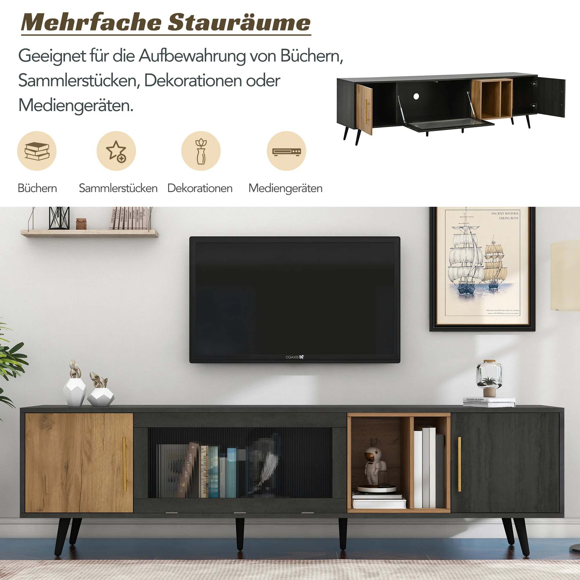 TV Cabinet 200cm for 90-inch TV - Dark Wood/Grey Grain - Image 8
